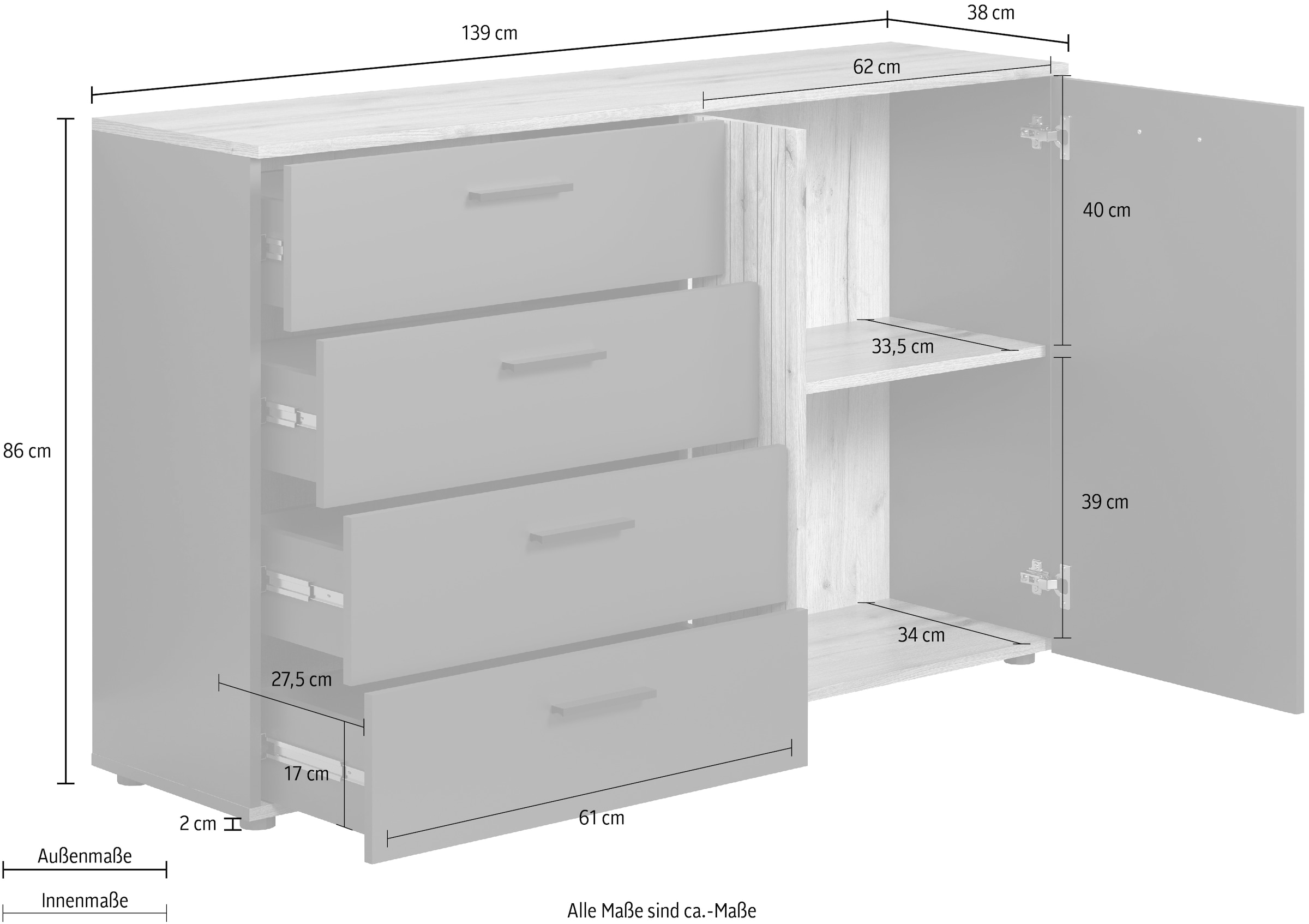 INOSIGN Commode »Estepona« 1 cuis tlg. Schubladenschrank in Rillenoptik mit Vollauszug-Funktion