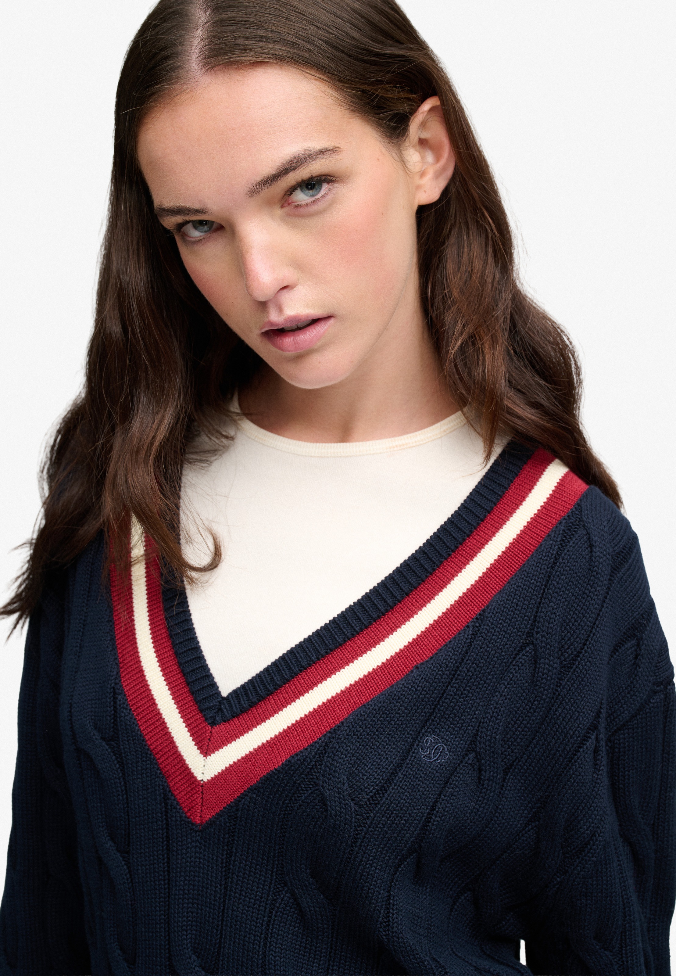 Superdry V-Ausschnitt-Pullover »CLASSIC CABLE CRICKET KNIT« Baumwolle, loose fit