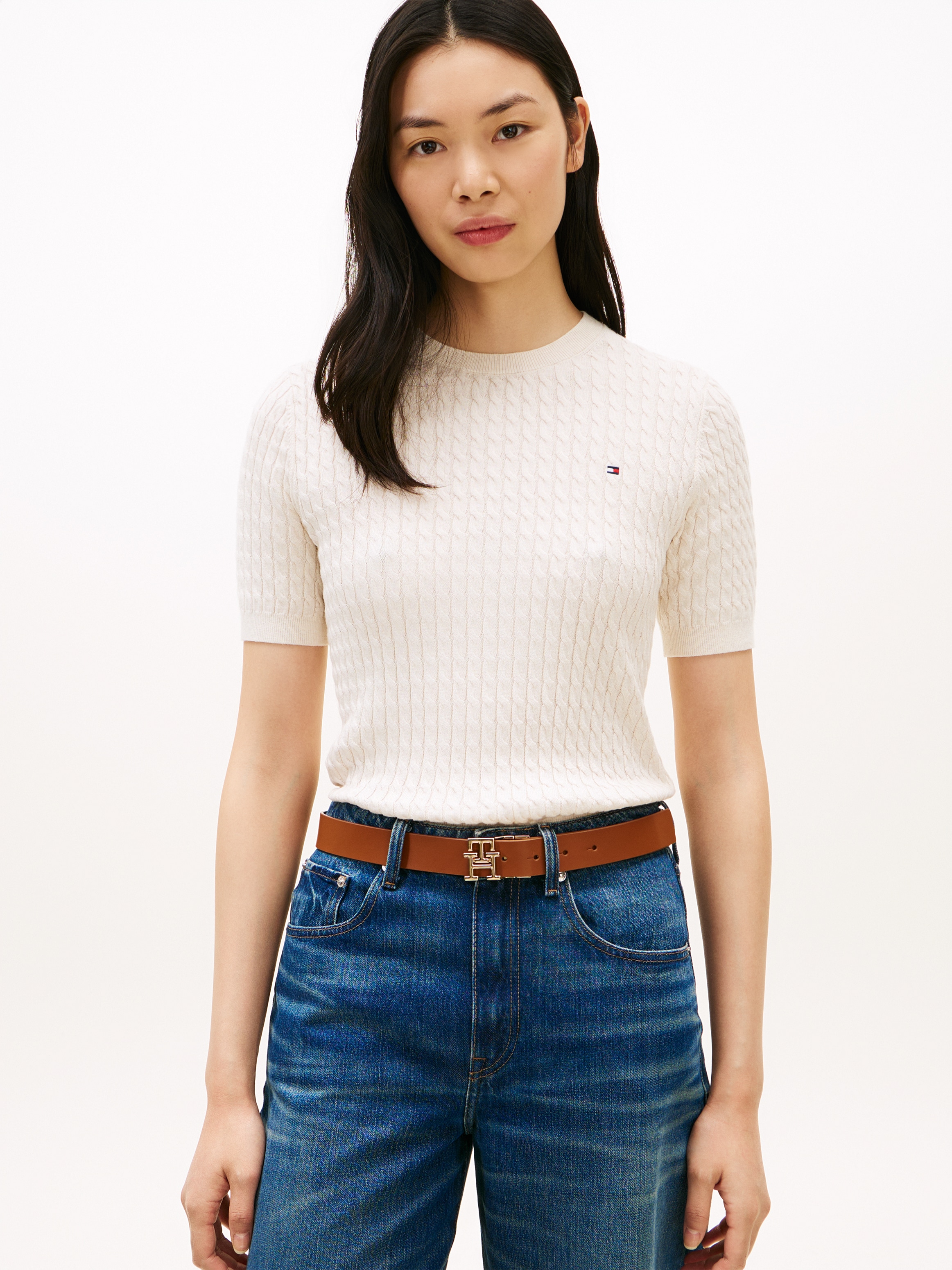 Tommy Hilfiger Pull à manches courtes »CO CABLE RWB C-NK SS SWT« Baumwolle, mit Zopfmuster