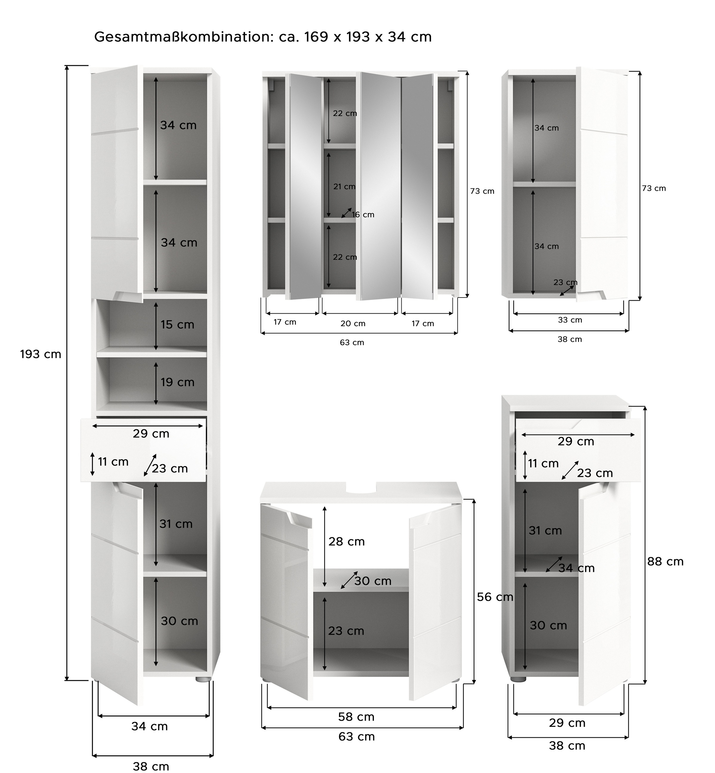 welltime Badmöbel-Set »CAPRI, 5-teilig, mit eingefasster Griffmulde, bestehend aus:«