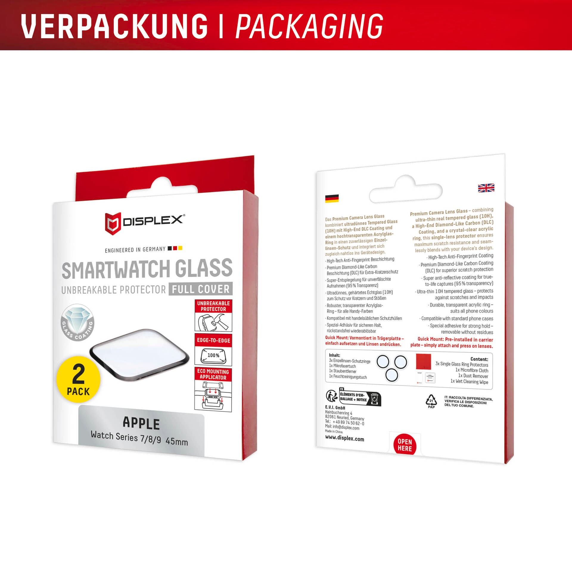 Displex Verre de protection d'écran »Smartwatch Glass Unbreakable Protector Full Cover« für Apple Watch Series 7 45 mm;Apple Watch Series 8 45 mm;Apple Watch Series 9 45 mm Packung, 2x Acrylglas Protector,  Displayschutzfolie, kratz- & stossfest