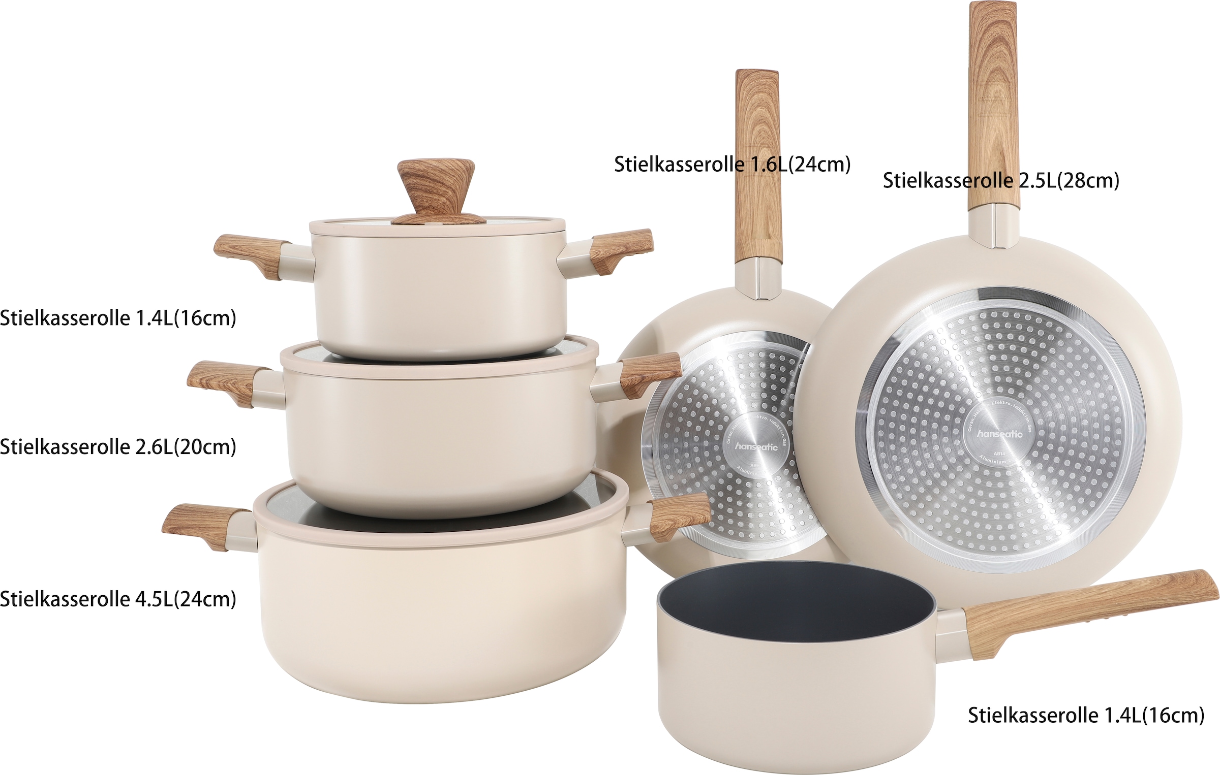 Hanseatic Topf-Set »ALU SCANDI, mit Antihaftbeschichtung« Set, Stielkasserolle 16 cm, Kochtopf 16/20/24 cm, Bratpfanne 24/28 cm, 9 tlg. Aluminium