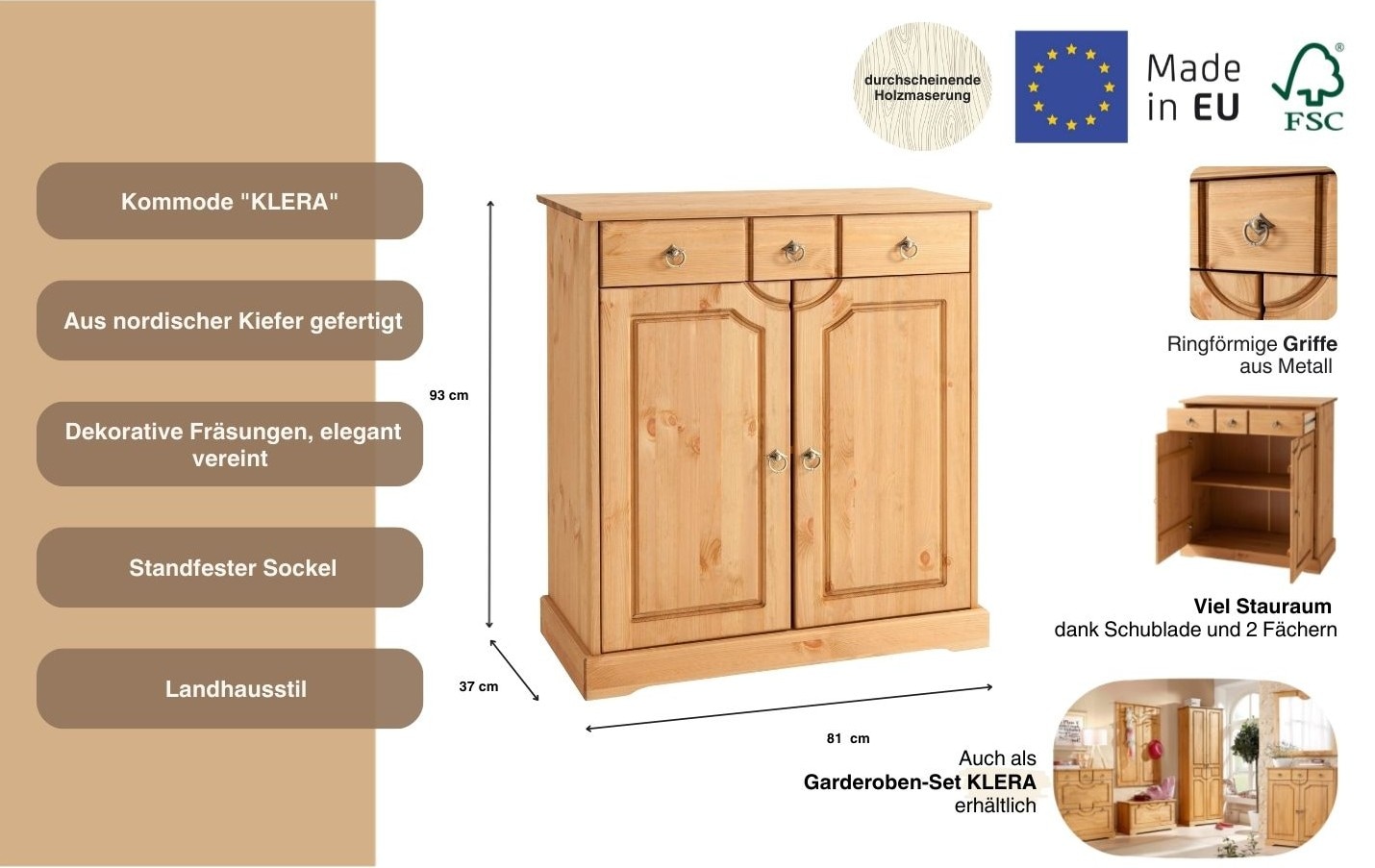 Home affaire Commode »Klera« Breite 81 cm, aus massiver Kiefer, FSC®-zertifiziert
