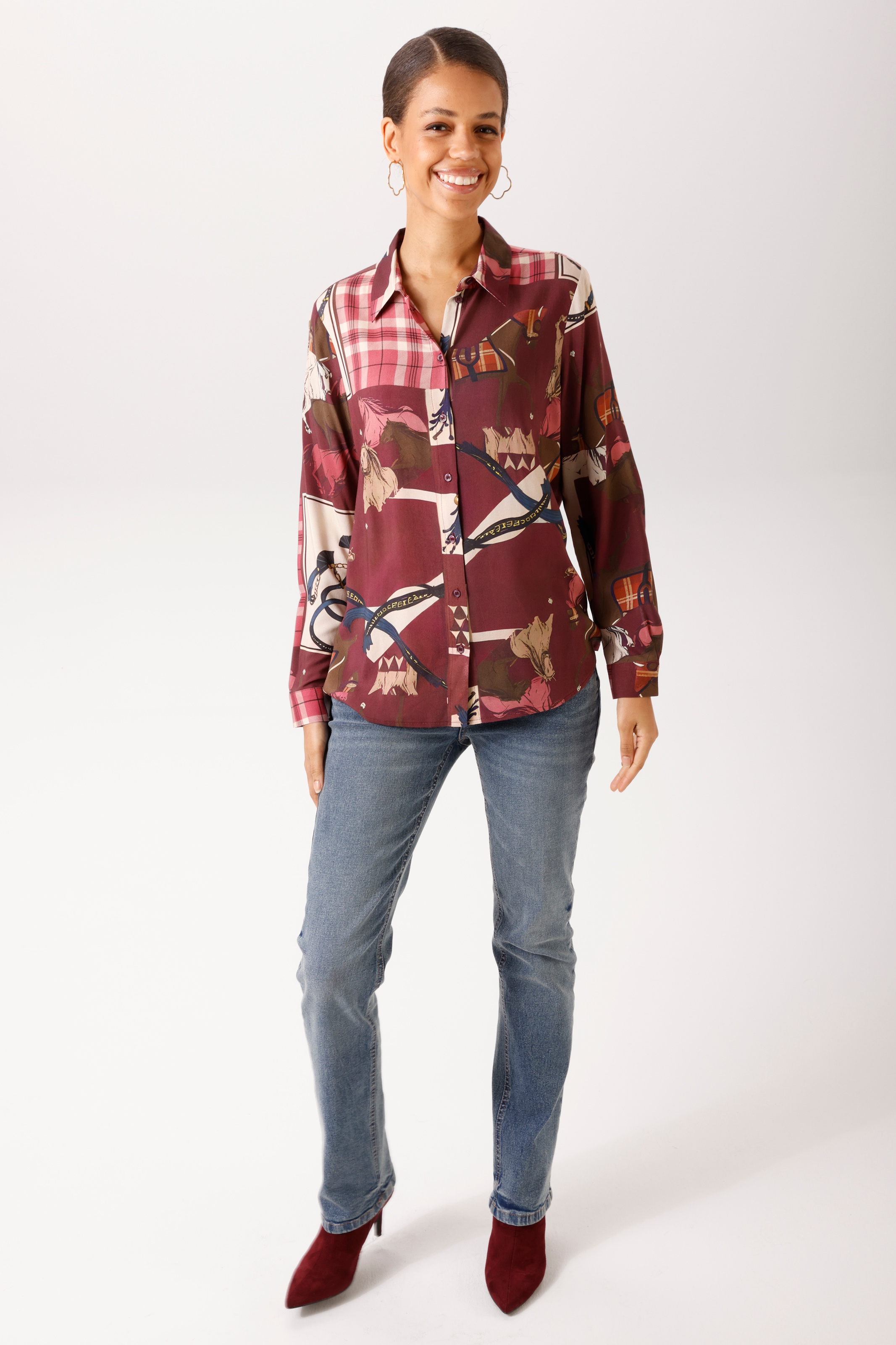 Aniston CASUAL Blouse chemise - imprimé extravagant avec chevaux, ceintures et carreaux - NOUVELLE COLLECTION