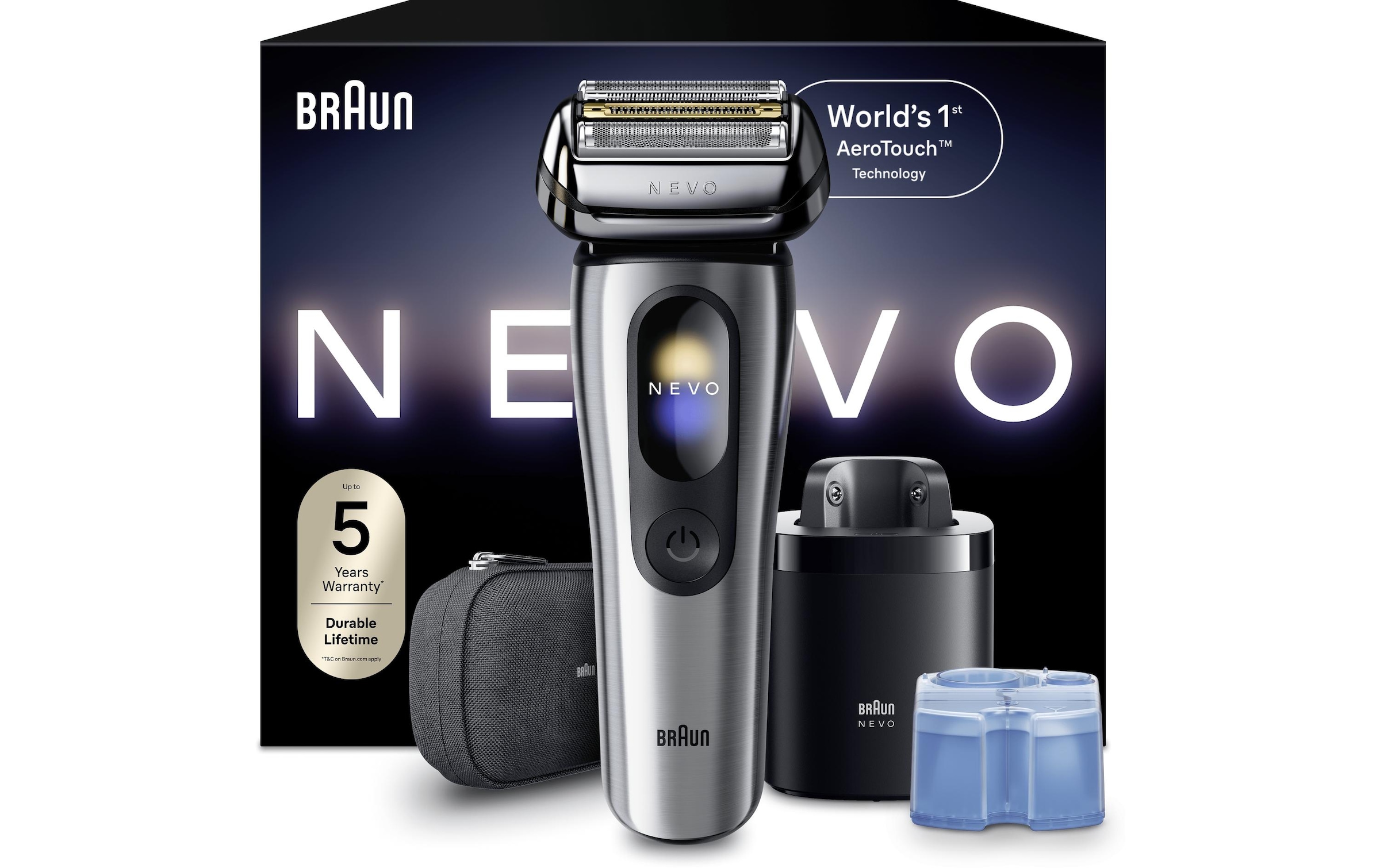 Braun »NEVO 11000cc« station de nettoyage SmartClean Plus Tondeuse de précision intégrée AeroTouch, écran intelligent, système de soin 7-en-1, étui de voyage, argent