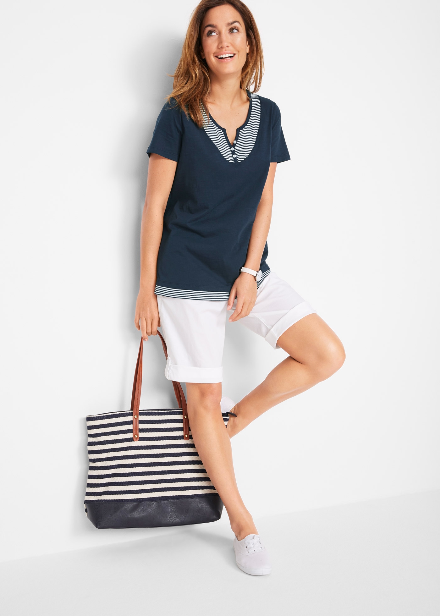 bonprix T-shirt 2 en 1 bequeme Passform, Kurzarm, für den Alltag, aus Baumwolle