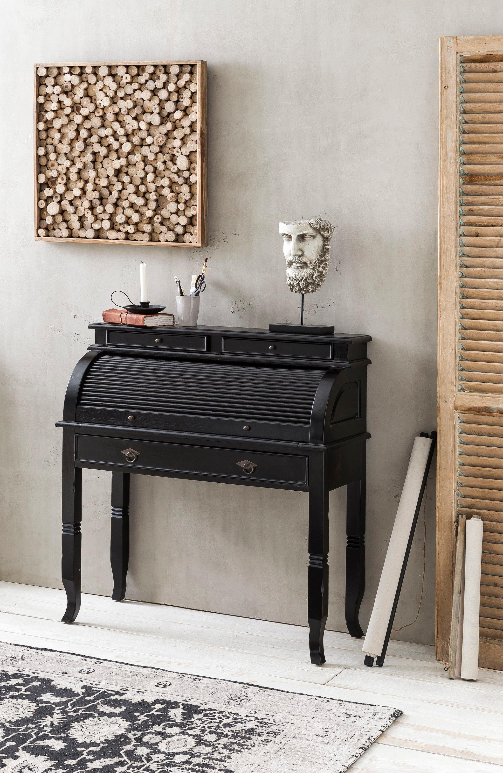 SIT Schreibtisch »Sekretär Akazie Massivholz Schreibtisch Rollladen Vintage Design« Sekretär aus Akazie Massivholz mit Rollladen & Schubladen