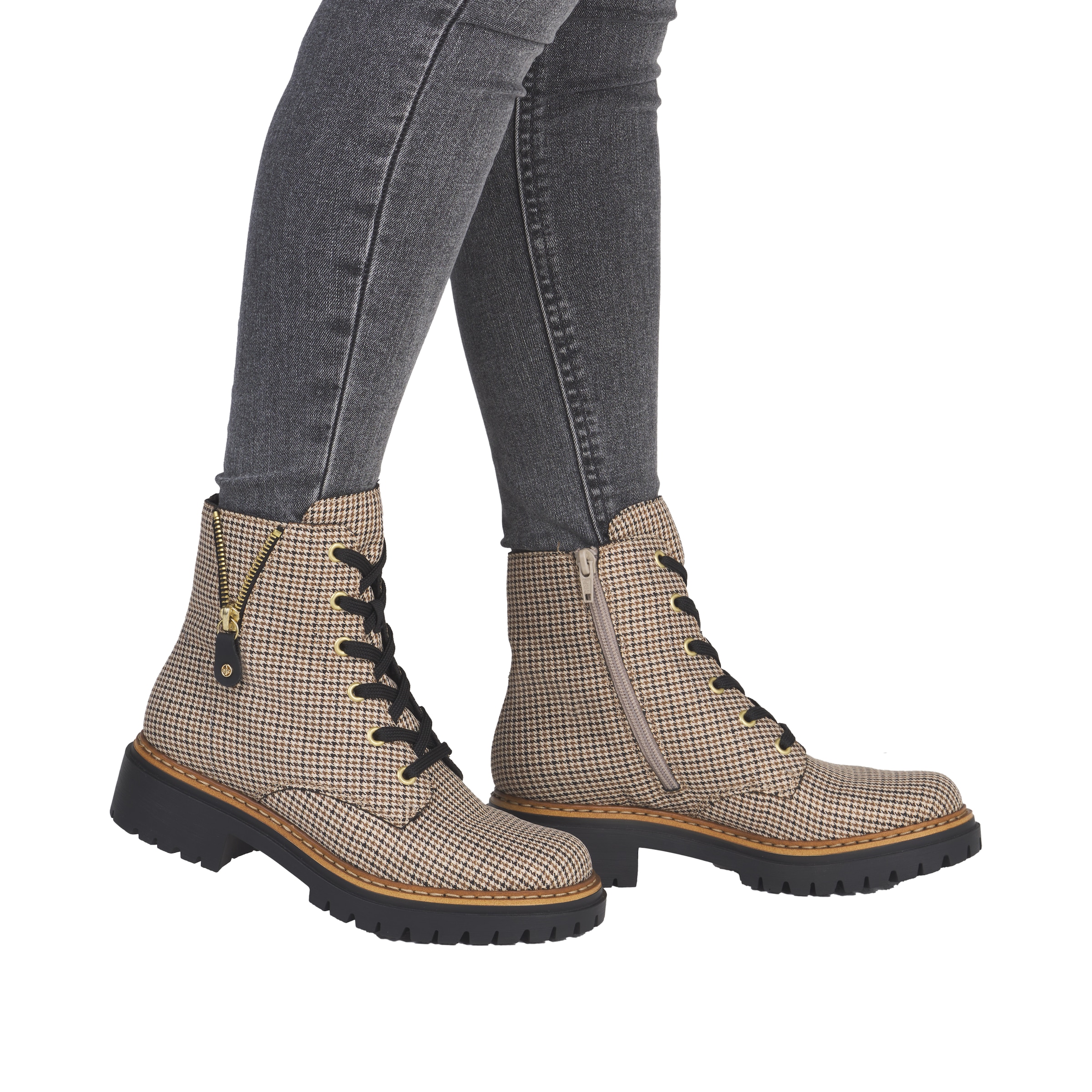 Rieker Schnürstiefelette  Schnürboots, Herbstboots, Profilsohle, Blockabsatz, im Pepita-Look