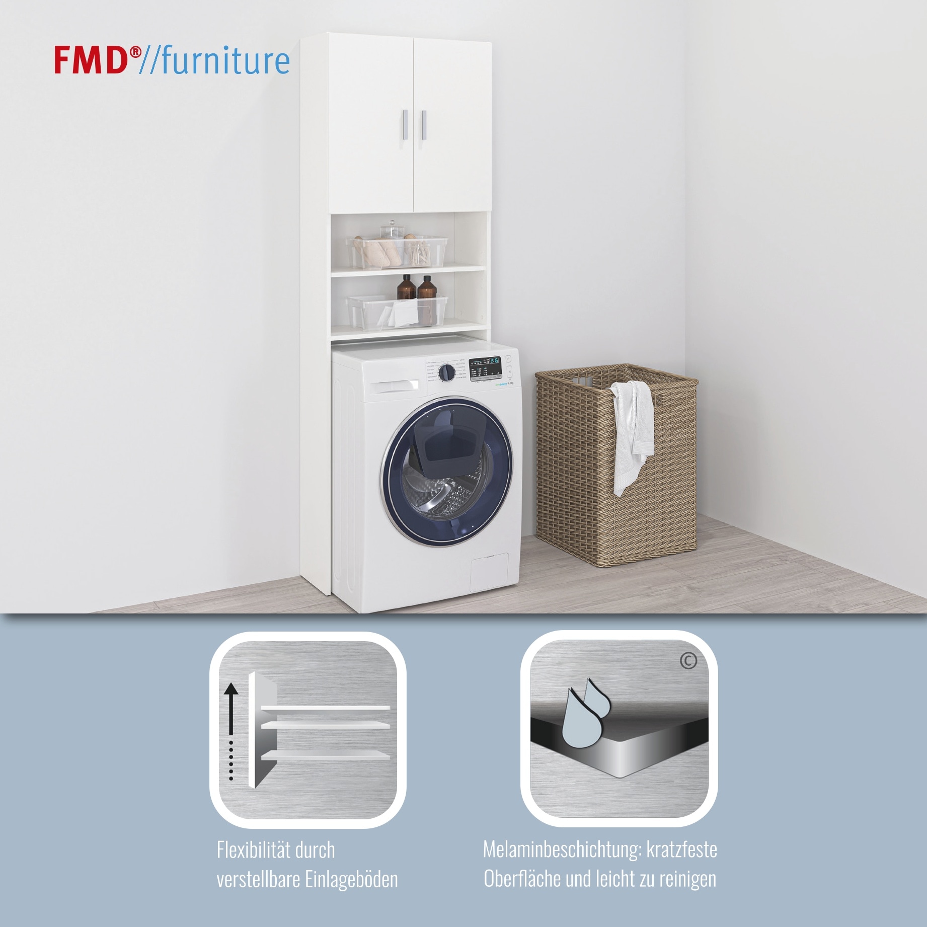 FMD Waschmaschinenumbauschrank »Olbia« mit viel Stauraum, 2 offene Fächer, höhenverstellbare Einlegeböden