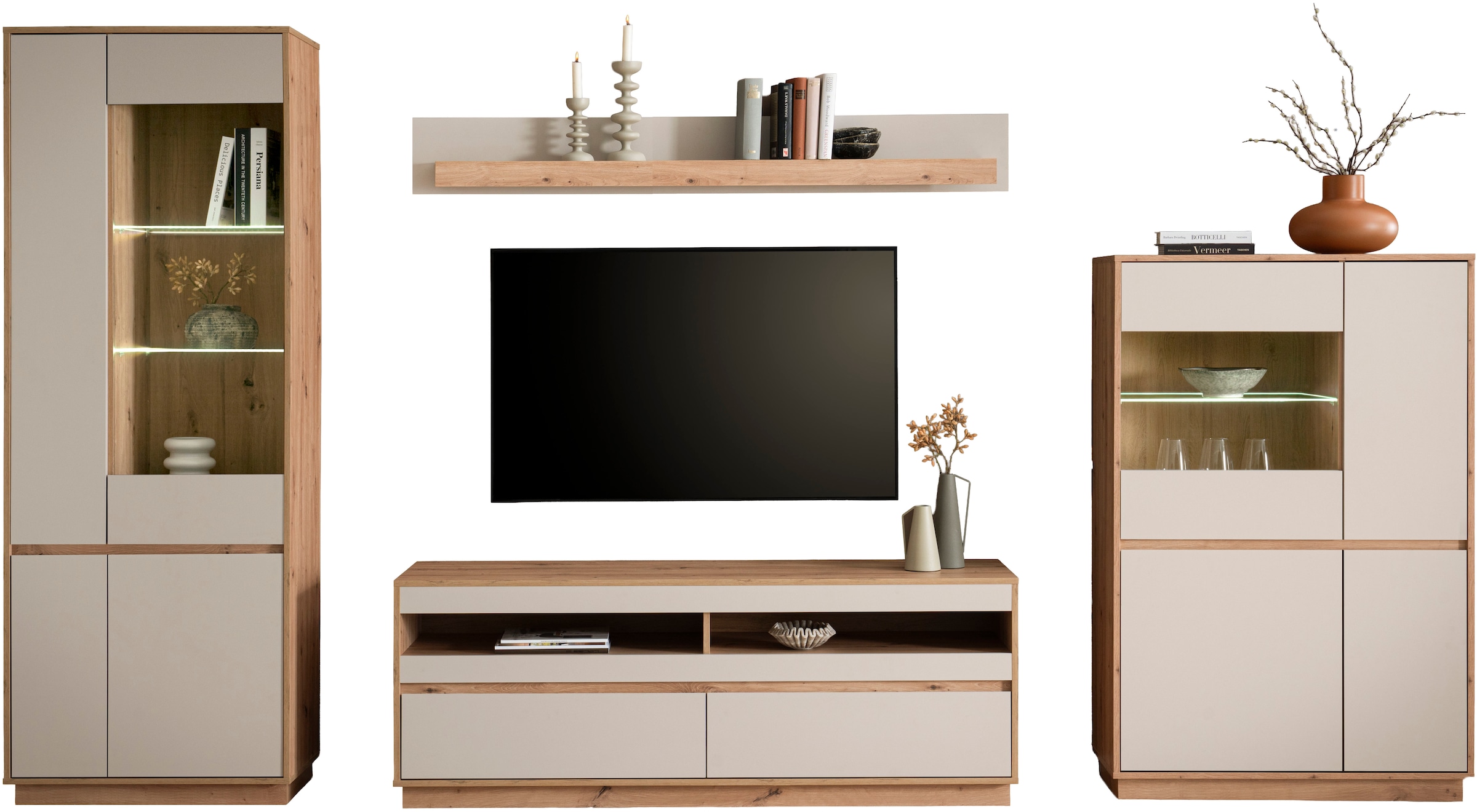 Home affaire Meuble mural »Sonora, moderne Anbauwand, Komplettset in Kaschmir/Eiche« Komplett-Set, 4 cuis tlg.