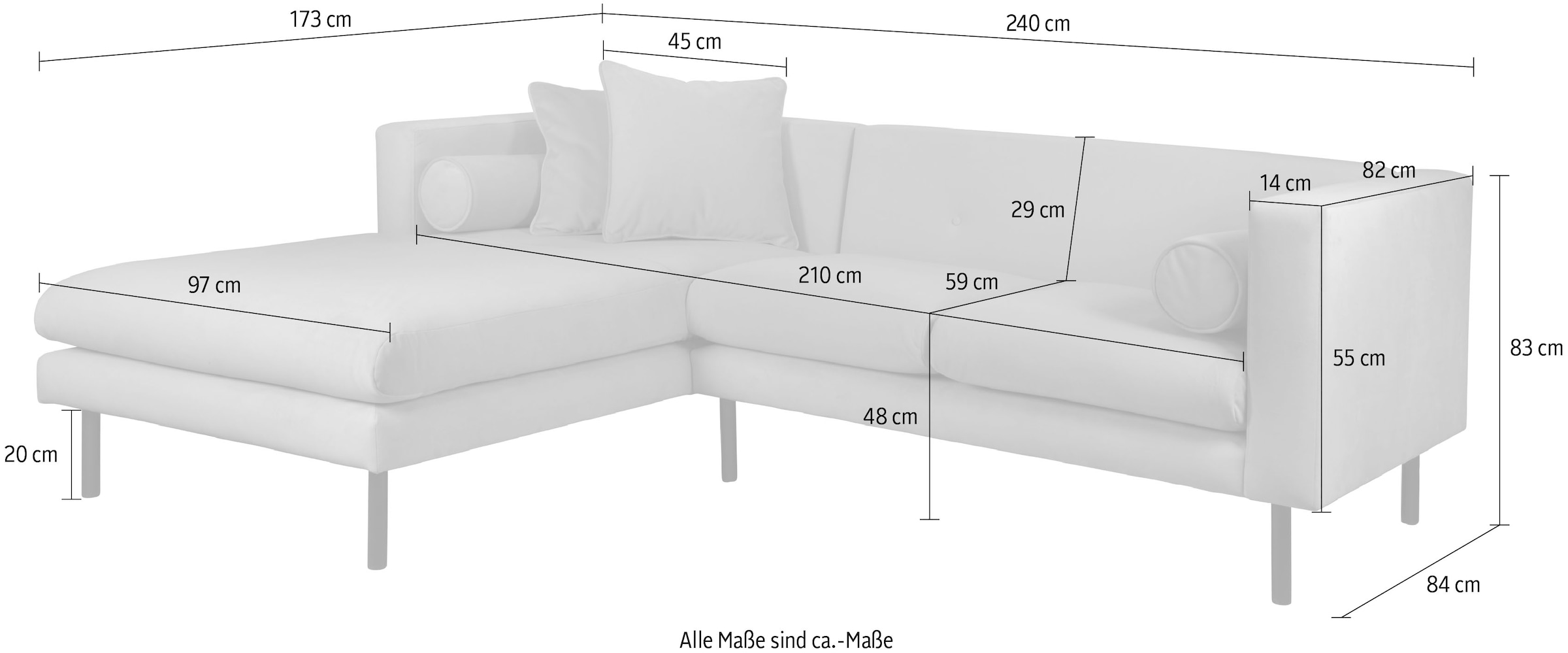 Home affaire Canapé d'angle »Lillibeth L-Form Designsofa, Masse B/T/H: 240/173/83 cm« Zierkissen als Wendekissen, in Samtoptik oder Cord