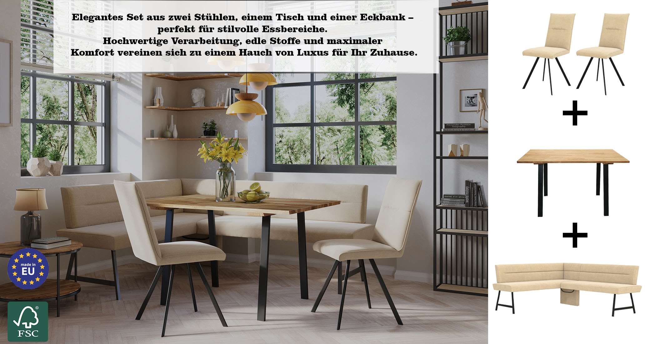 GOODproduct Ensemble de bancs d'angle »Sava« Set, 4 cuis tlg. Eckbank mit Wellenfederung im Sitz, Tisch Massiv Eiche