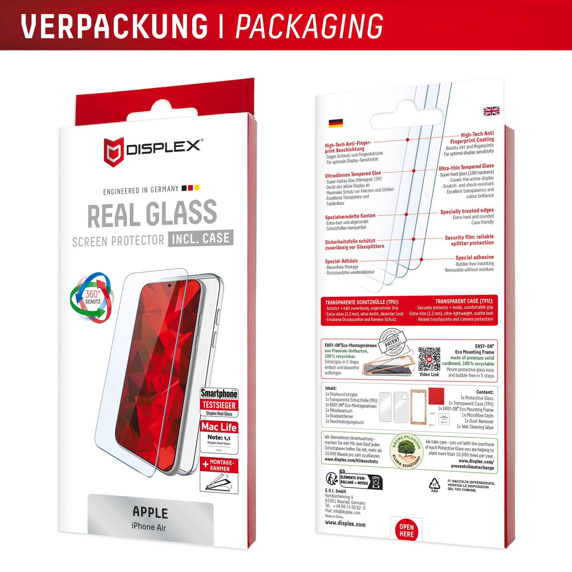 Displex Verre de protection d'écran »Real Glass Screen Protector inkl. Case« für Apple iPhone Air Displayschutzfolie, Schutzfolie, Bildschirmschutz, kratz- & stossfest