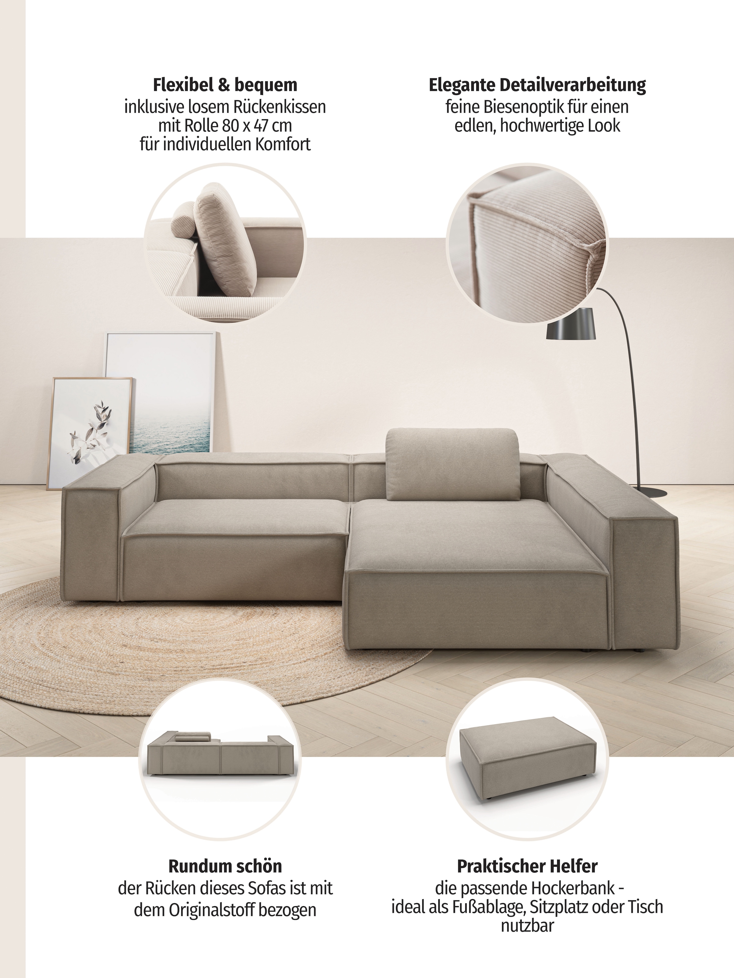 Home affaire Canapé d'angle »Watertown, moderne XXL L-Form, 306 cm breit« confortable avec assise profonde – idéal pour grands espaces de vie