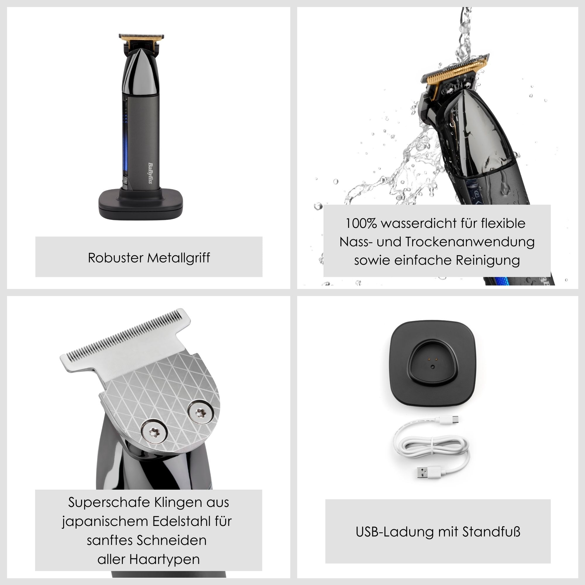 BaByliss Tondeuse à barbe »BaByliss Super-X Metal Barttrimmer, Bartschneider, wasserdicht, T996E« 2 Aufsätze Japanischer Stahl, 2 Kammaufsätze mit 6 Positionen 1–6mm, kabellos