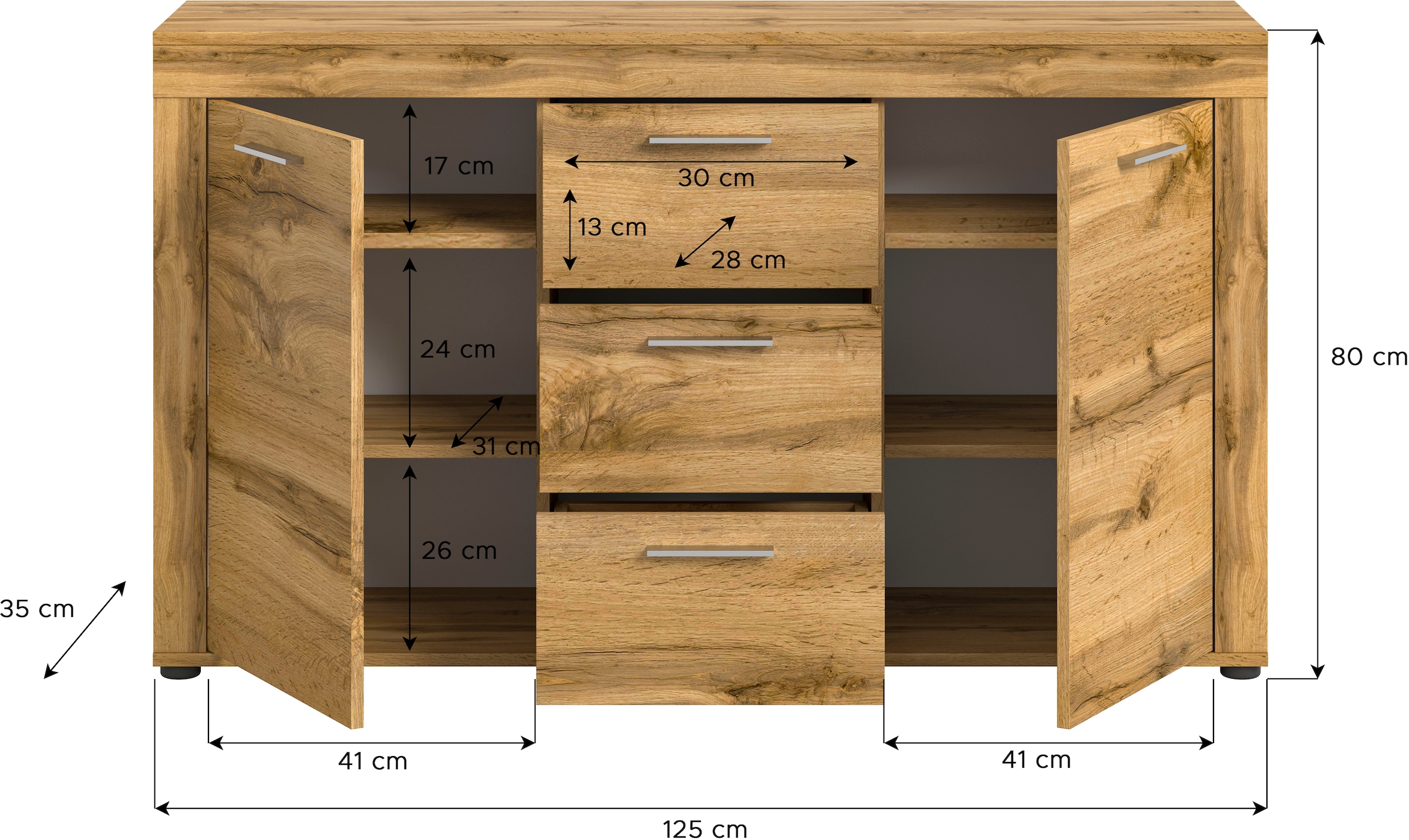 Home affaire Sideboard »Aosta, Breite 125 cm, in verschiedenen Farbausführungen« mit 2 Türen und 3 Schubkästen, Wohnzimmer, Kommode, Schrank