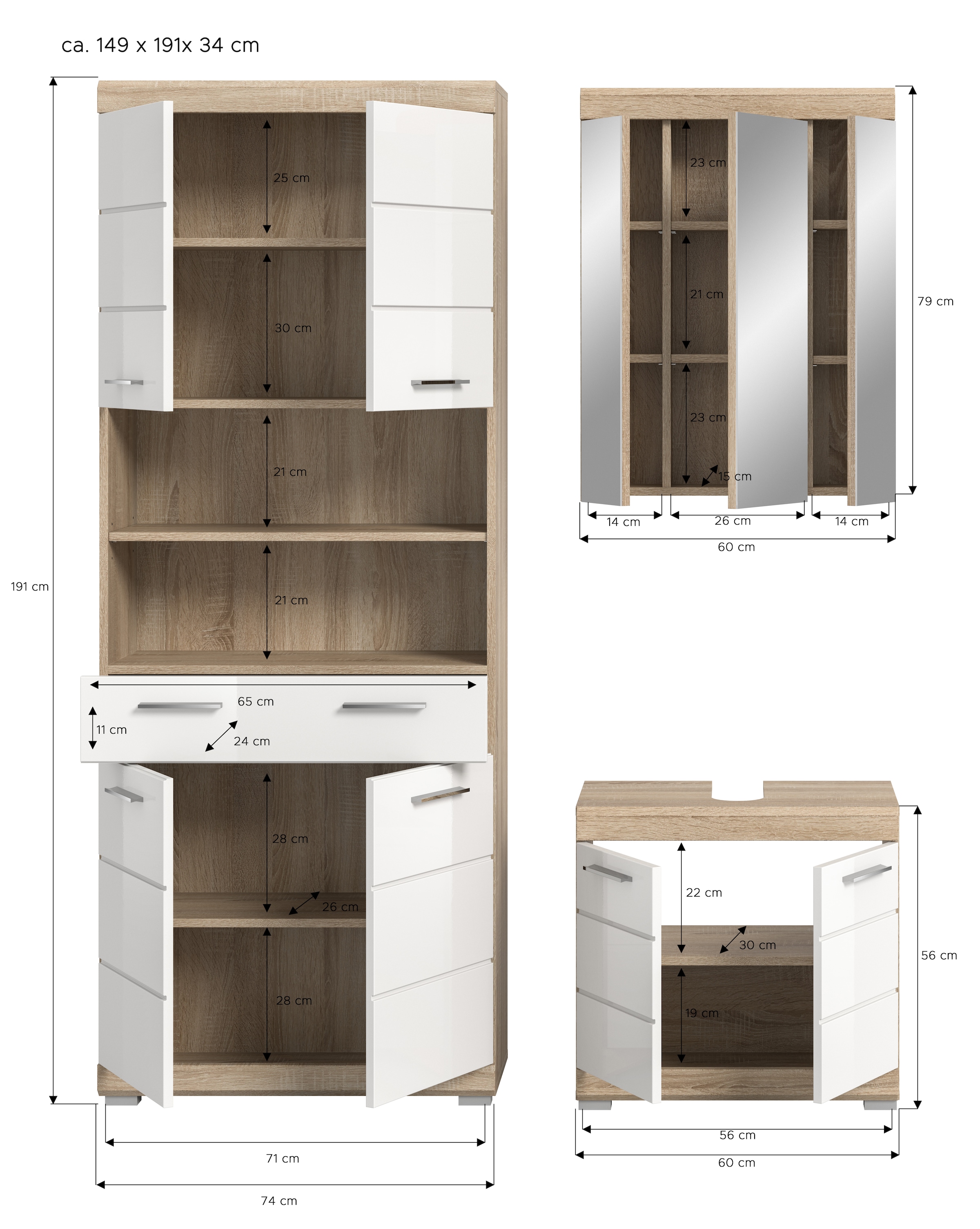 INOSIGN Ensemble de meubles de salle de bain »SIENA, TOPSELLER!, Breite 149cm, 3-teiliges Set« Set, bestehend aus: Hochschrank, Waschbeckenunterschrank & Spiegelschrank, 3 cuis tlg.