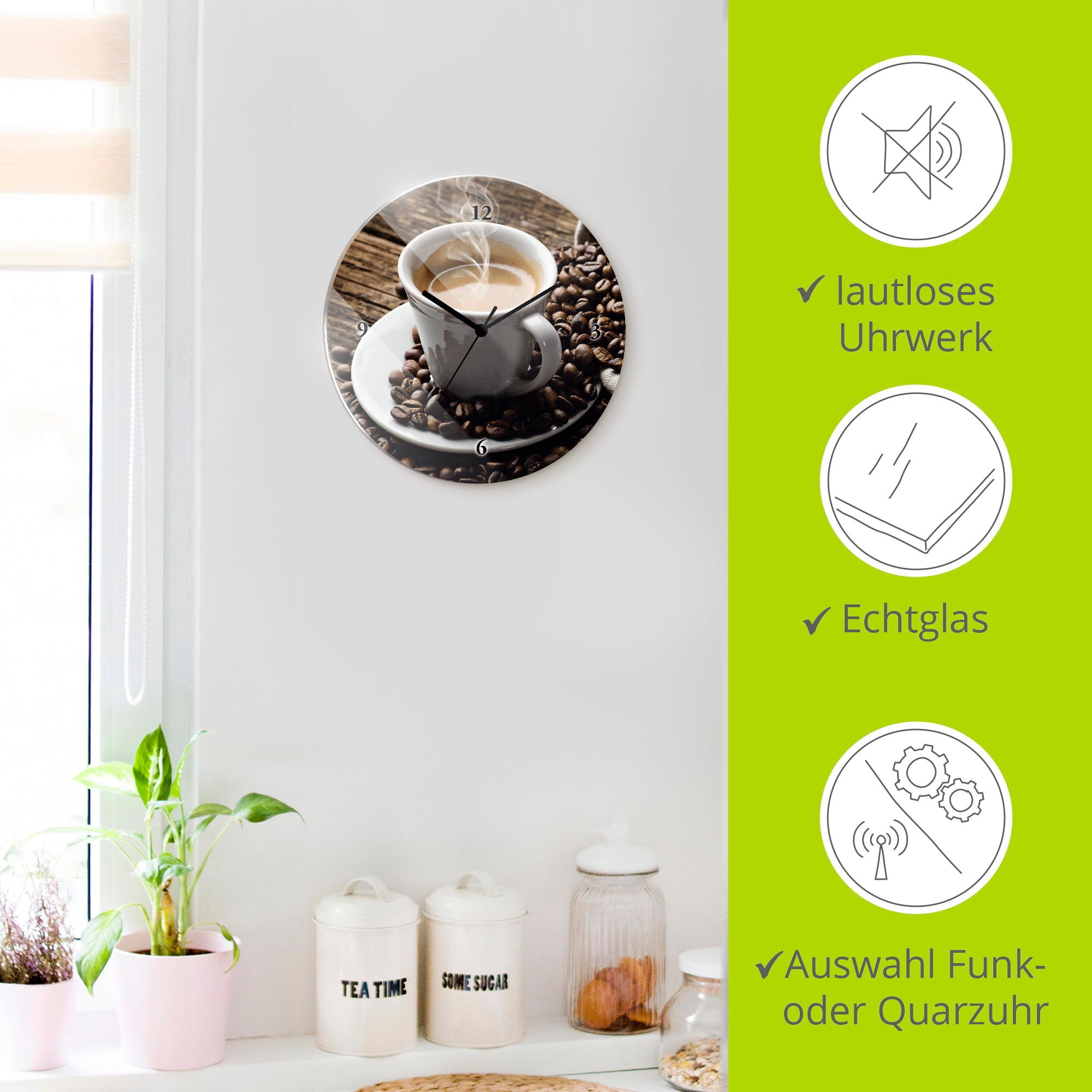 Artland Wanduhr »Heisser Kaffee - dampfender Kaffee« wahlweise mit  Quarz- oder Funkuhrwerk, lautlos ohne Tickgeräusche