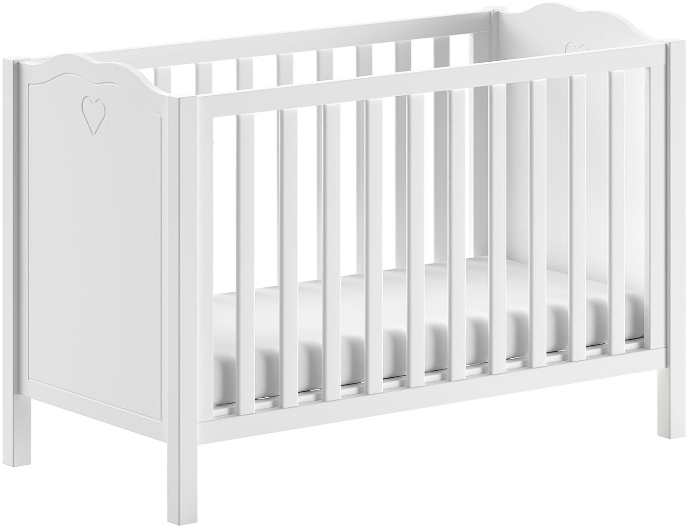 Vipack Babybett »Amori 60/120 mit verstellbarem Lattenrost, sehr stabil gebaut« mit geschwungenem Kopfteil und Herz Ornament, weiss lackiert