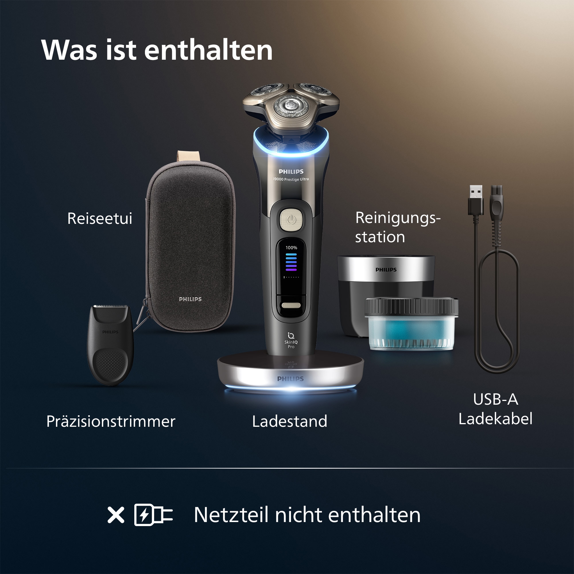 Philips Rasoirs électriques »Series i9000 Prestige Ultra XP9402/31« 1 cuis Aufsätze mit SkinIQ Technologie, inkl. Ladestand, Reiseetui, 1 Kartusche