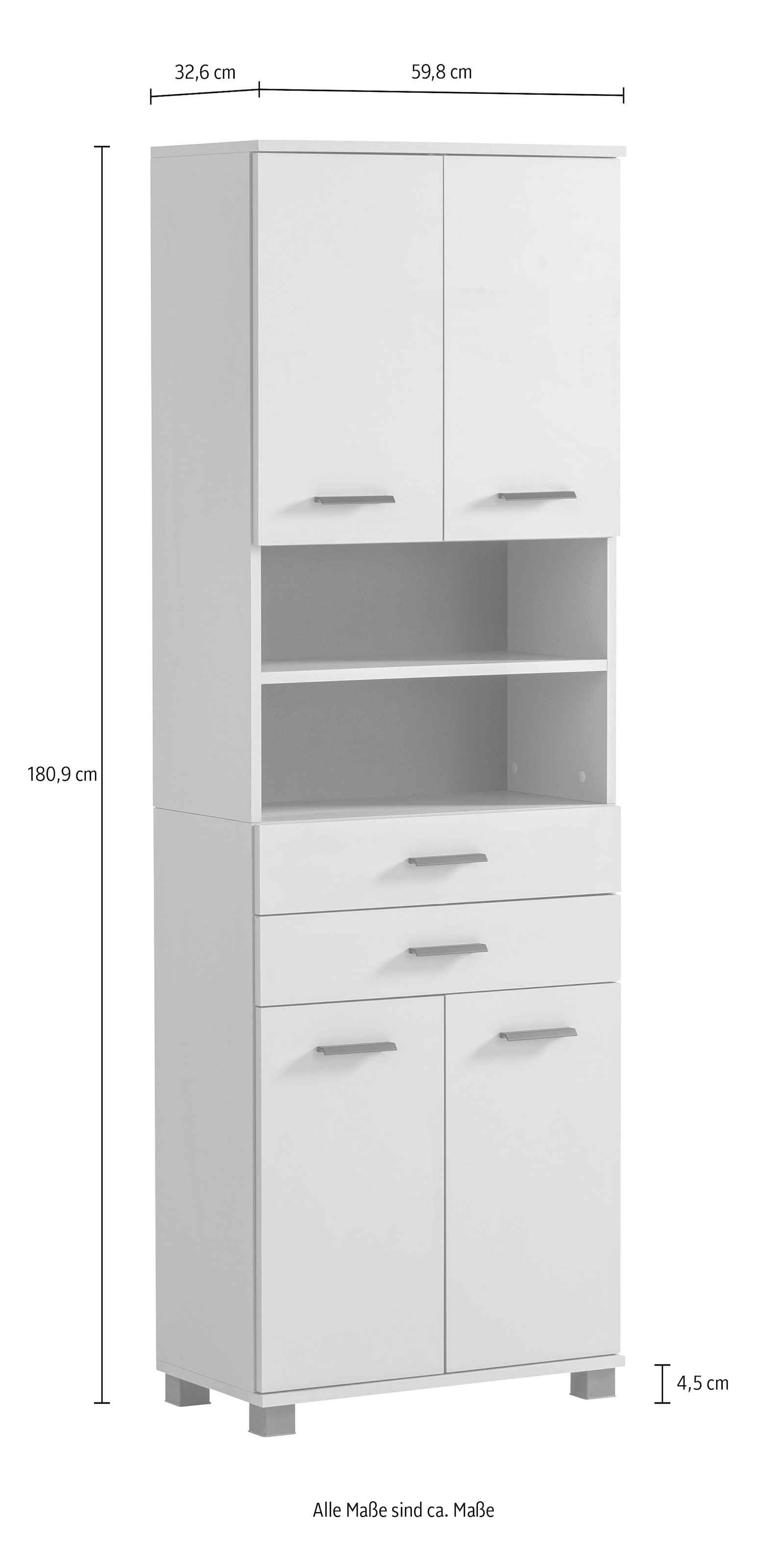 welltime Hochschrank »Palermo, Made in Germany« Breite 60 cm, verstellbare Einlegeböden, Metallgriffe