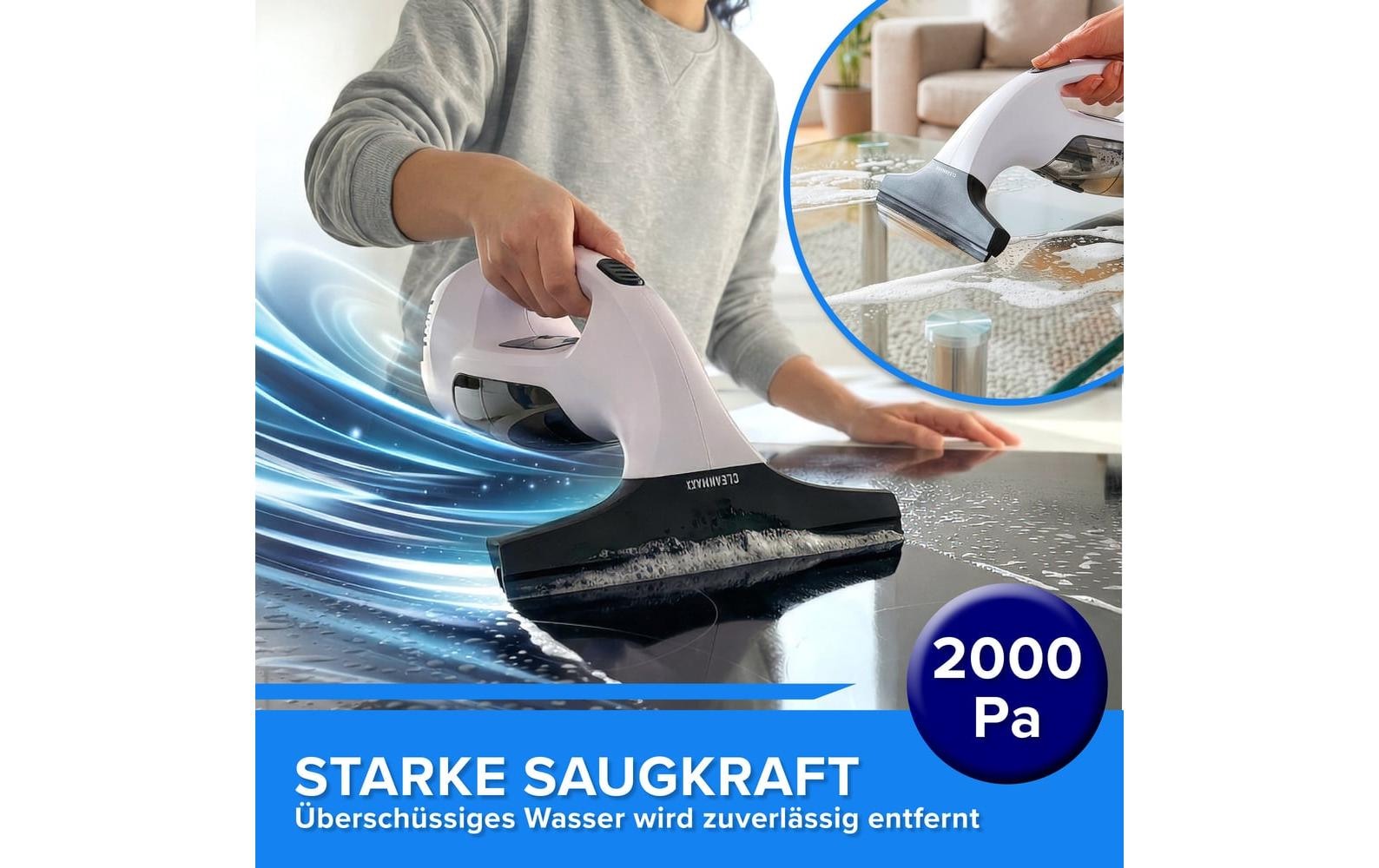 Lumaland Aspirateur de vitres sans fil »CLEANmaxx 3,7 V« nettoyeur de vitres sans fil avec fonction d’aspiration