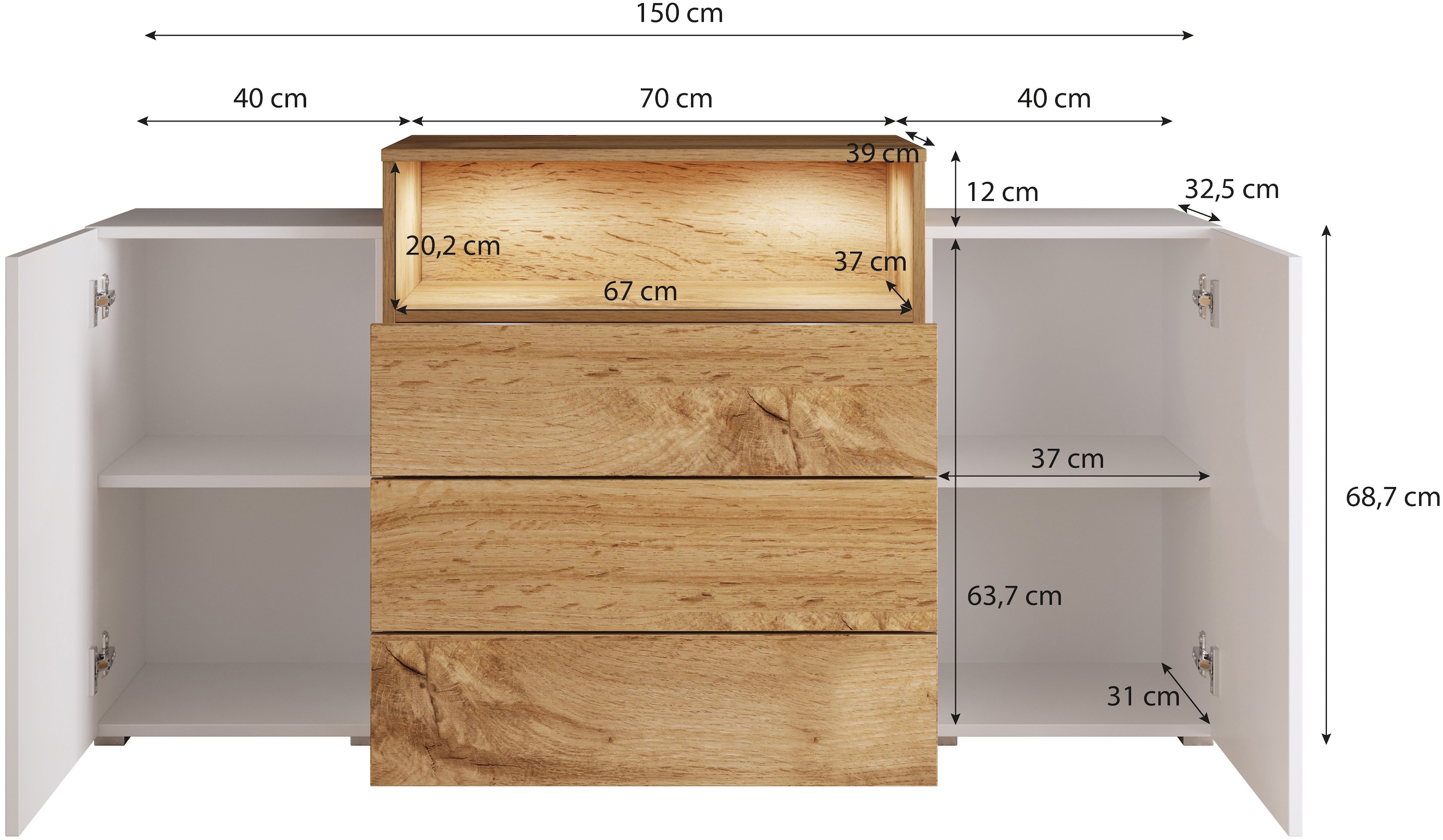 Home affaire Buffet »URBAN III« Commode moderne avec 3 tiroirs et 4 compartiments, largeur 150 cm