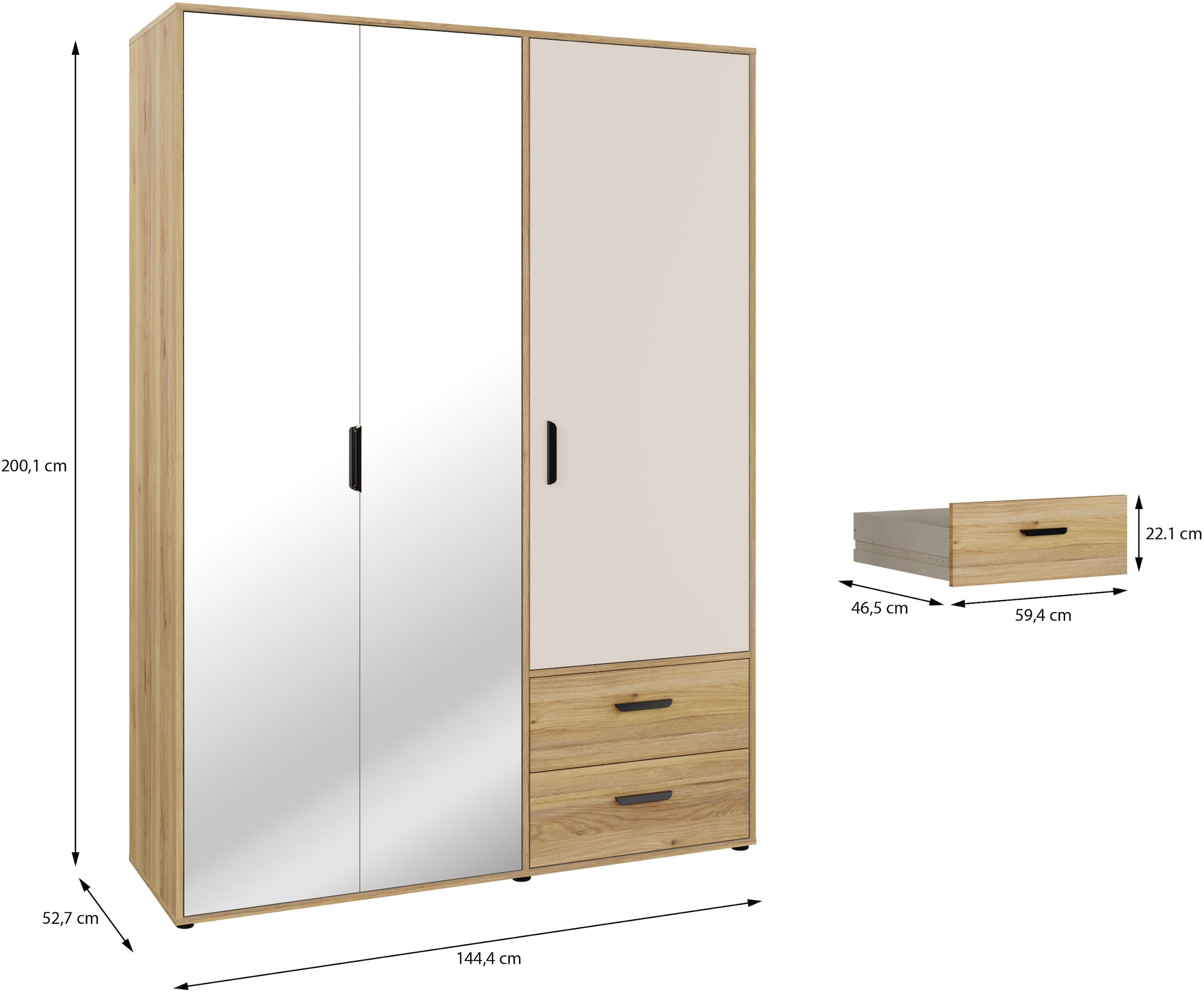 GOODproduct Kleiderschrank »AALOX, Spiegel, 3 Türen, 2 Schubladen, viel Stauraum, schwarze Griffe« Schrank ca. 140 bis 150 cm breit, schwarze Griffe, zeitloses Design