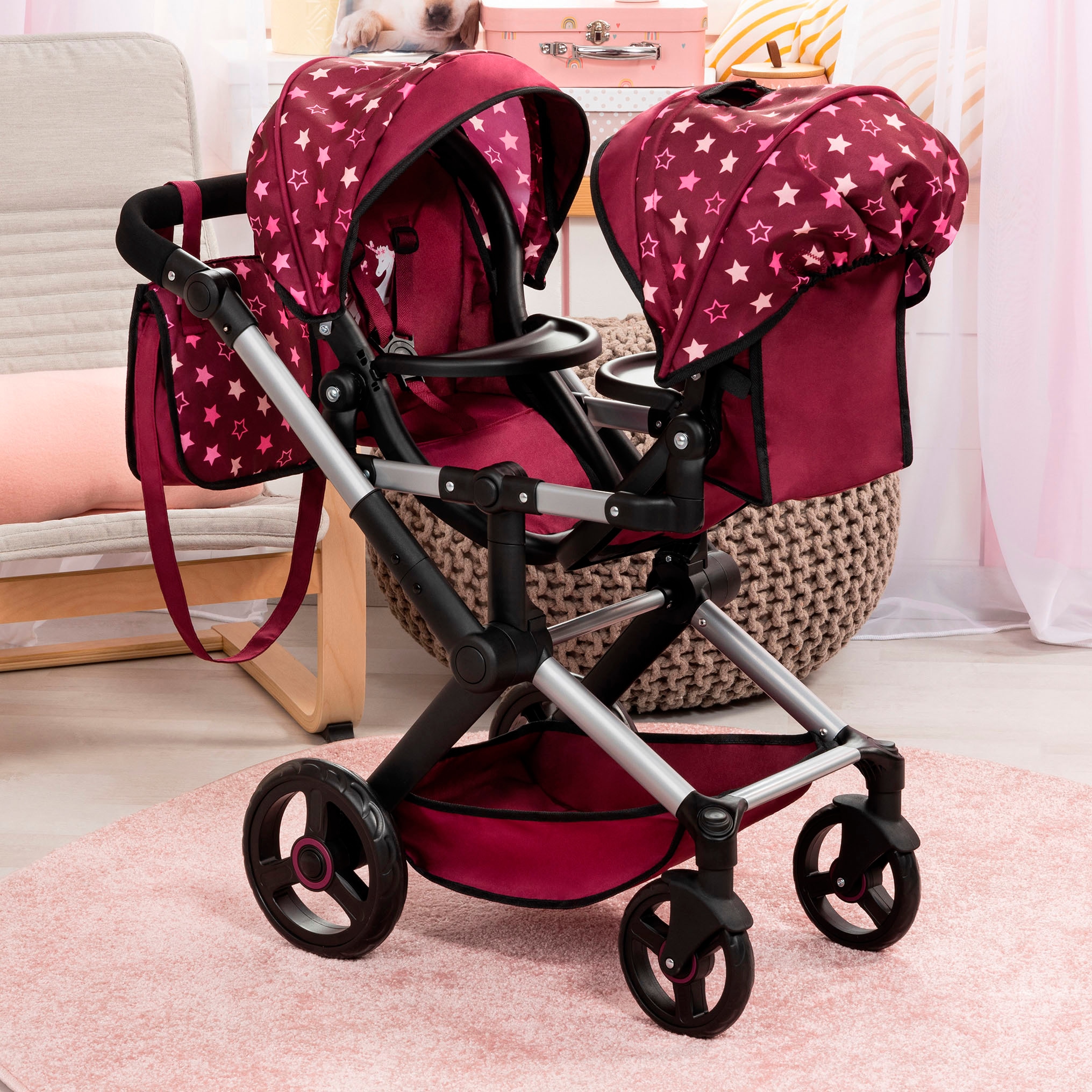 Bayer Puppen-Zwillingsbuggy »Xeo Twin bordeaux« mit Wickeltasche
