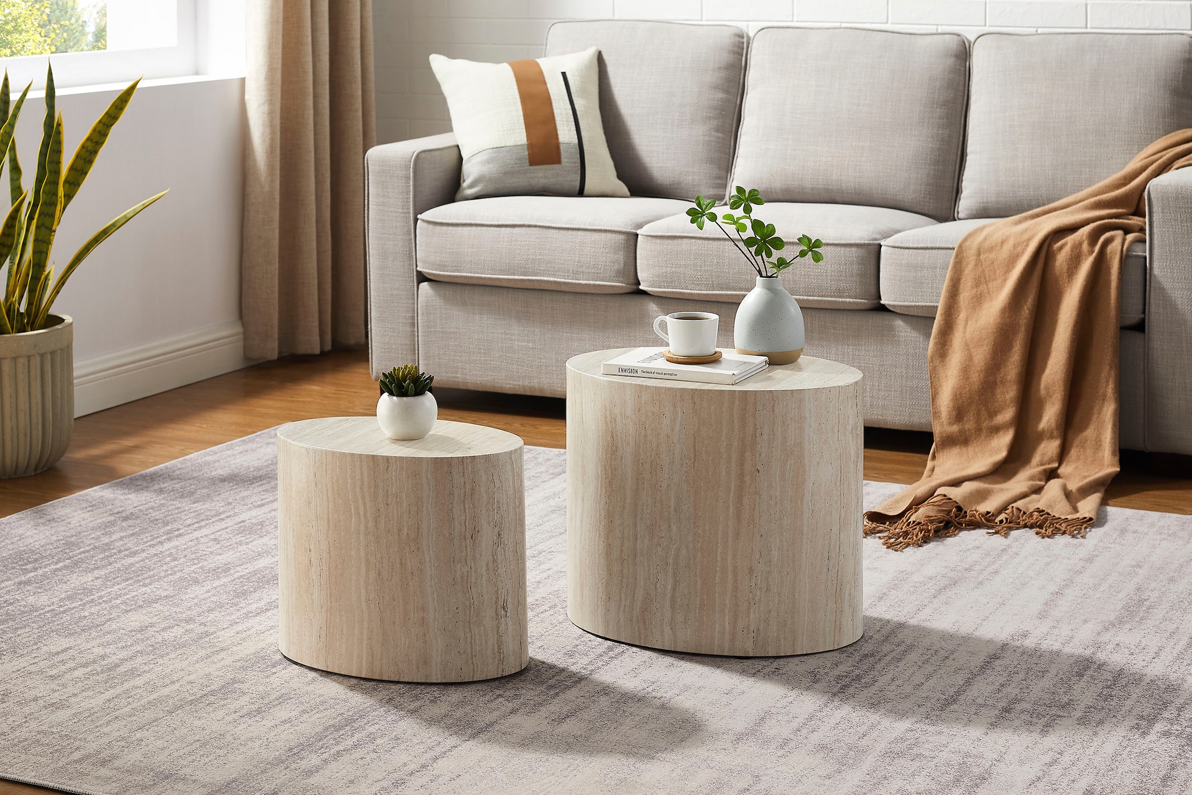 SalesFever Couchtisch »Almeria - Stilvoller Wohnzimmer- und Beistelltisch« Set, 2er Set, 2 Stk. tlg. oval, in Travertinoptik