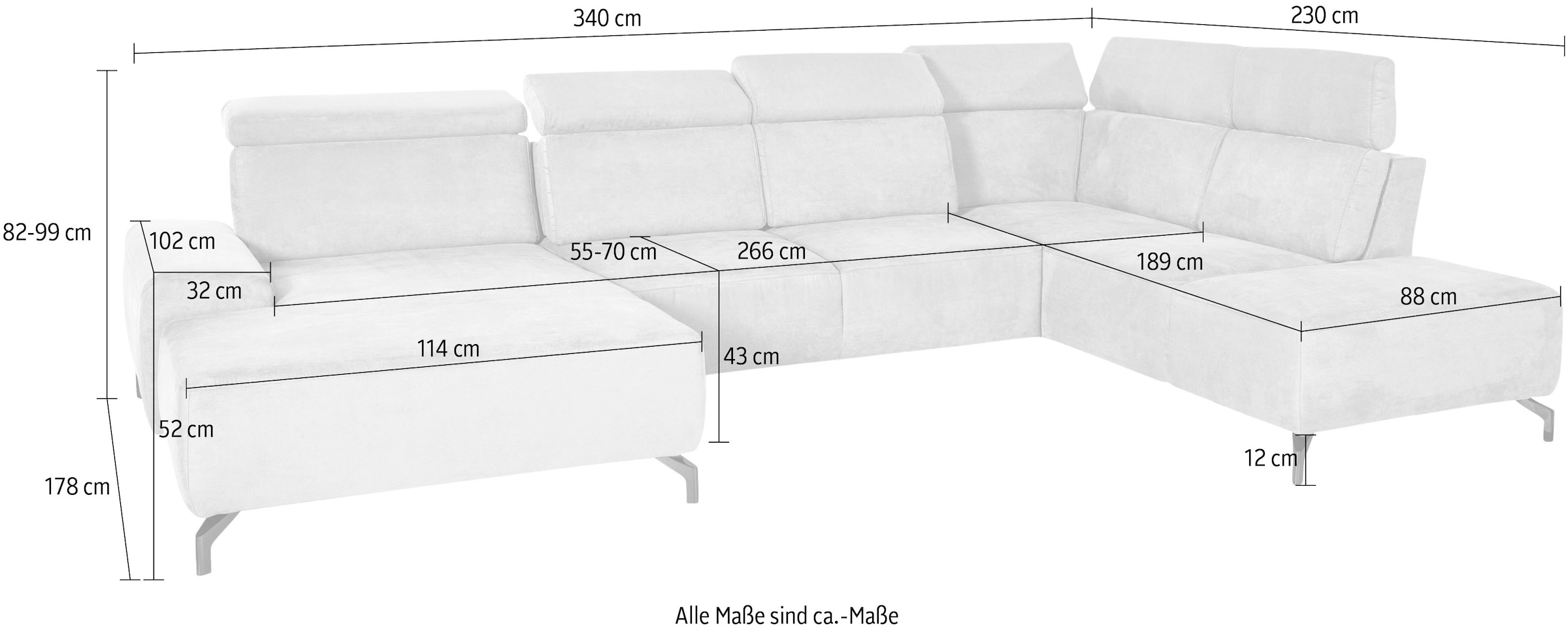 sit&more Wohnlandschaft »Gizeh U-Form« 12 cm Fusshöhe, inklusive Sitztiefenverstellung und Kopfteilverstellung