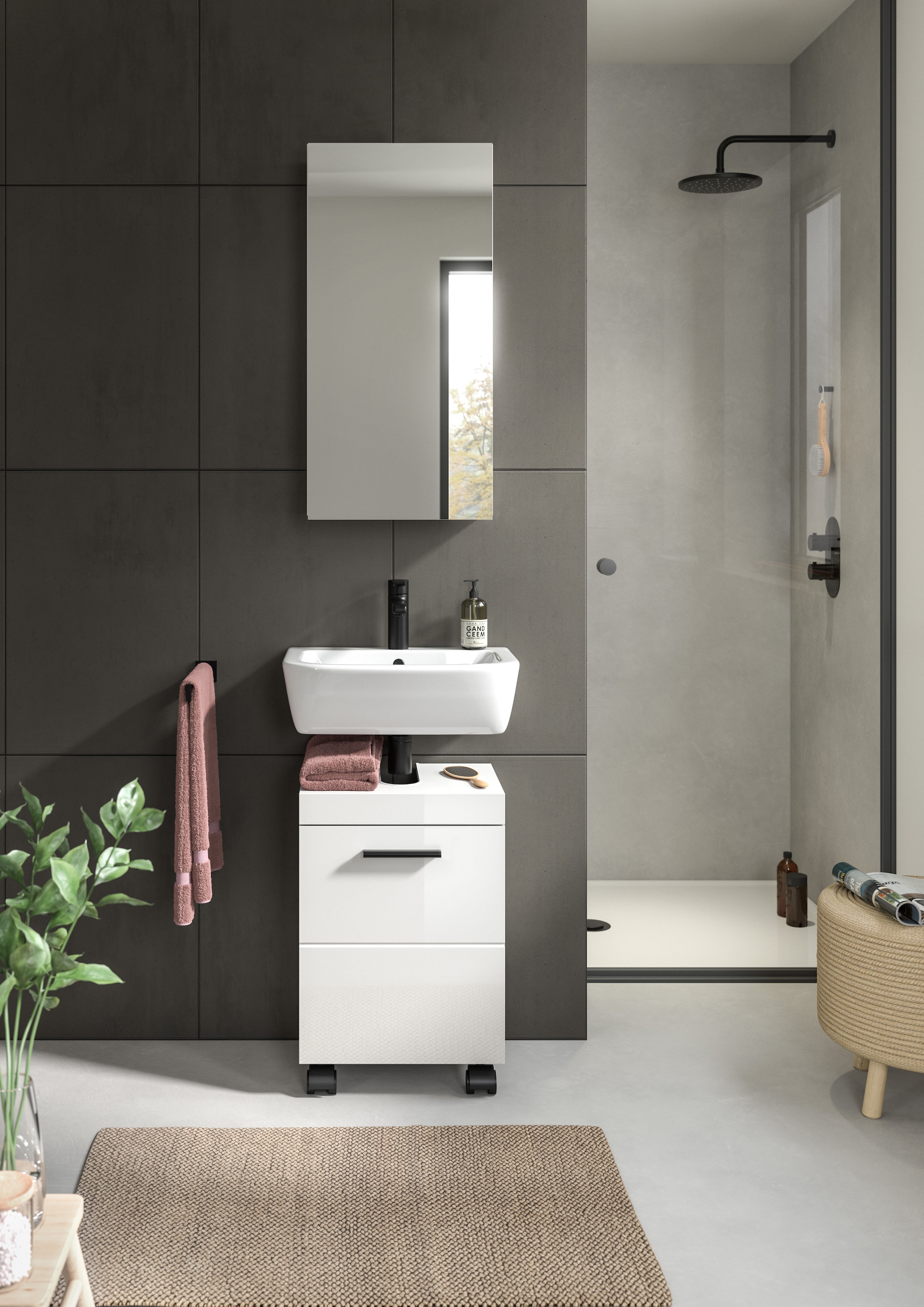 welltime Ensemble de meubles de salle de bain »AVON, Breite 40 cm, 2-teilige moderne Badkombination, auf Rollen« bestehend aus: Waschbeckenunterschrank & Spiegelschrank, 2 cuis tlg.