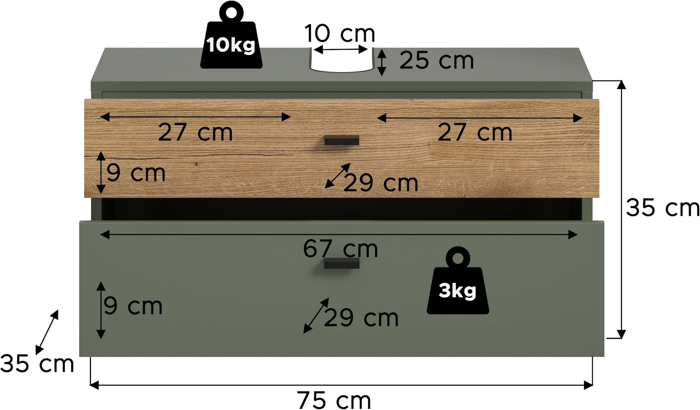 welltime Waschbeckenunterschrank »VANN, Breite 75cm, hängende, 2 Schubkästen, mit Siphonausschnitt« individuell mit weiteren Artikel der Serie VANN kombinierbar,  Waschtisch, Waschbeckenschrank, Kommode, Schrank, Badezimmer, Bad