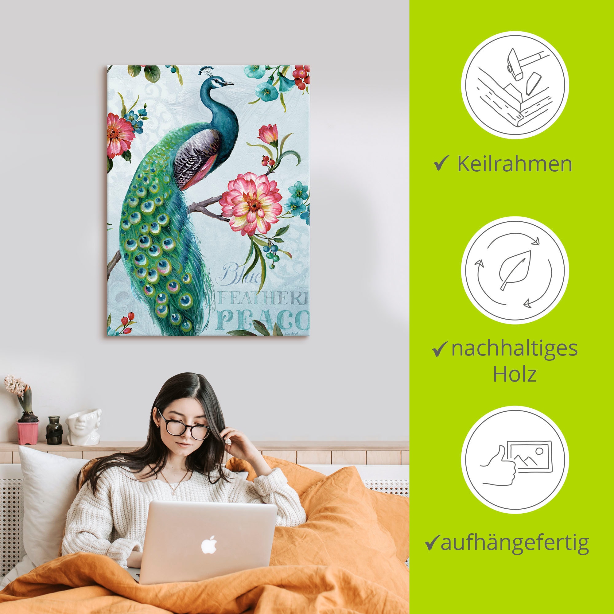 Artland Tableau sur toile »Blau gepfederter Pfau« 1 cuis tlg. auf Holzrahmen gespannt