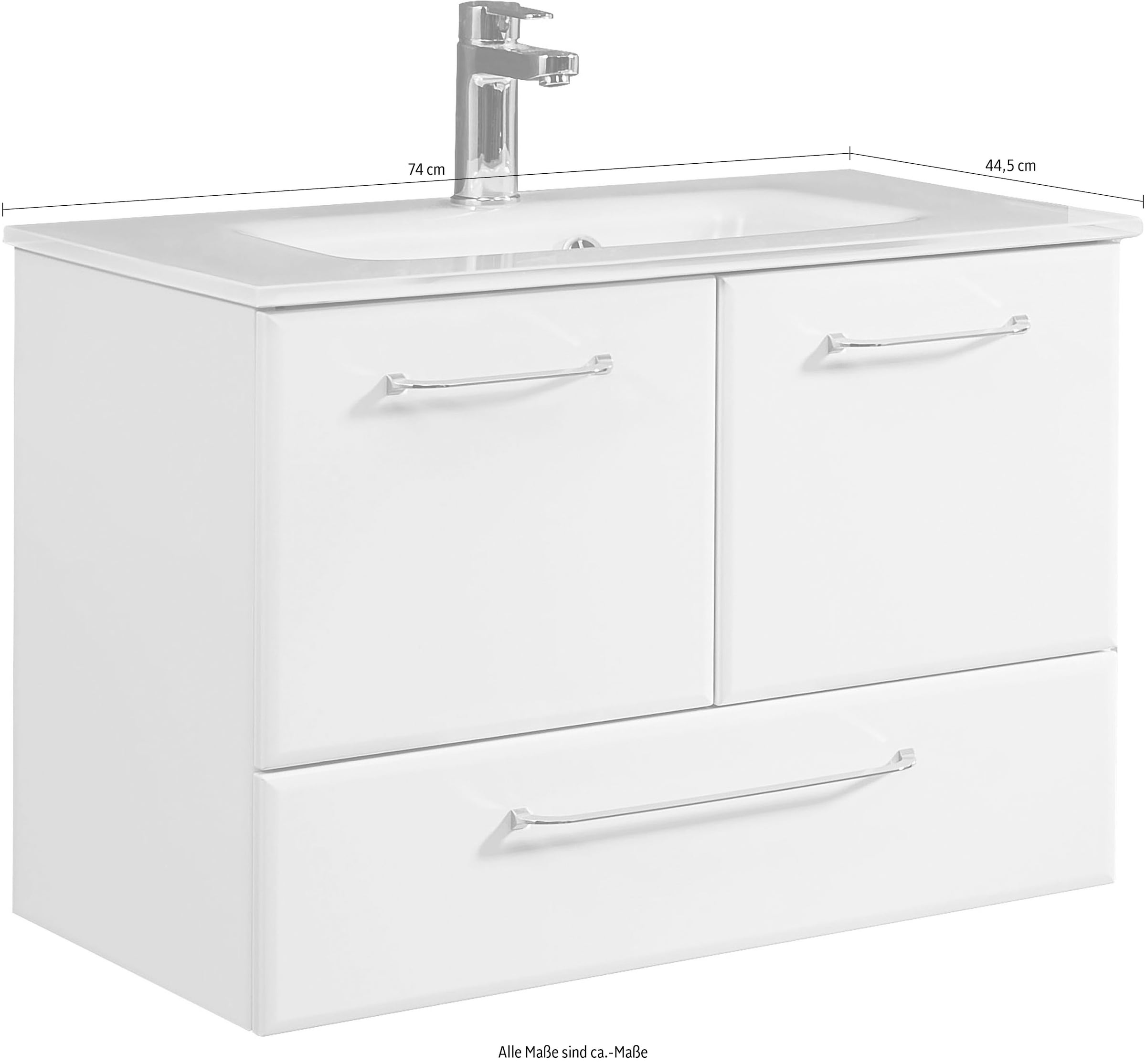 Saphir Waschtisch »Quickset Glaswaschtisch mit Unterschrank, 74 cm breit, Waschplatz« Griffe in Chrom Glanz, inkl. Türdämpfer, 2 Türen, 1 Schublade