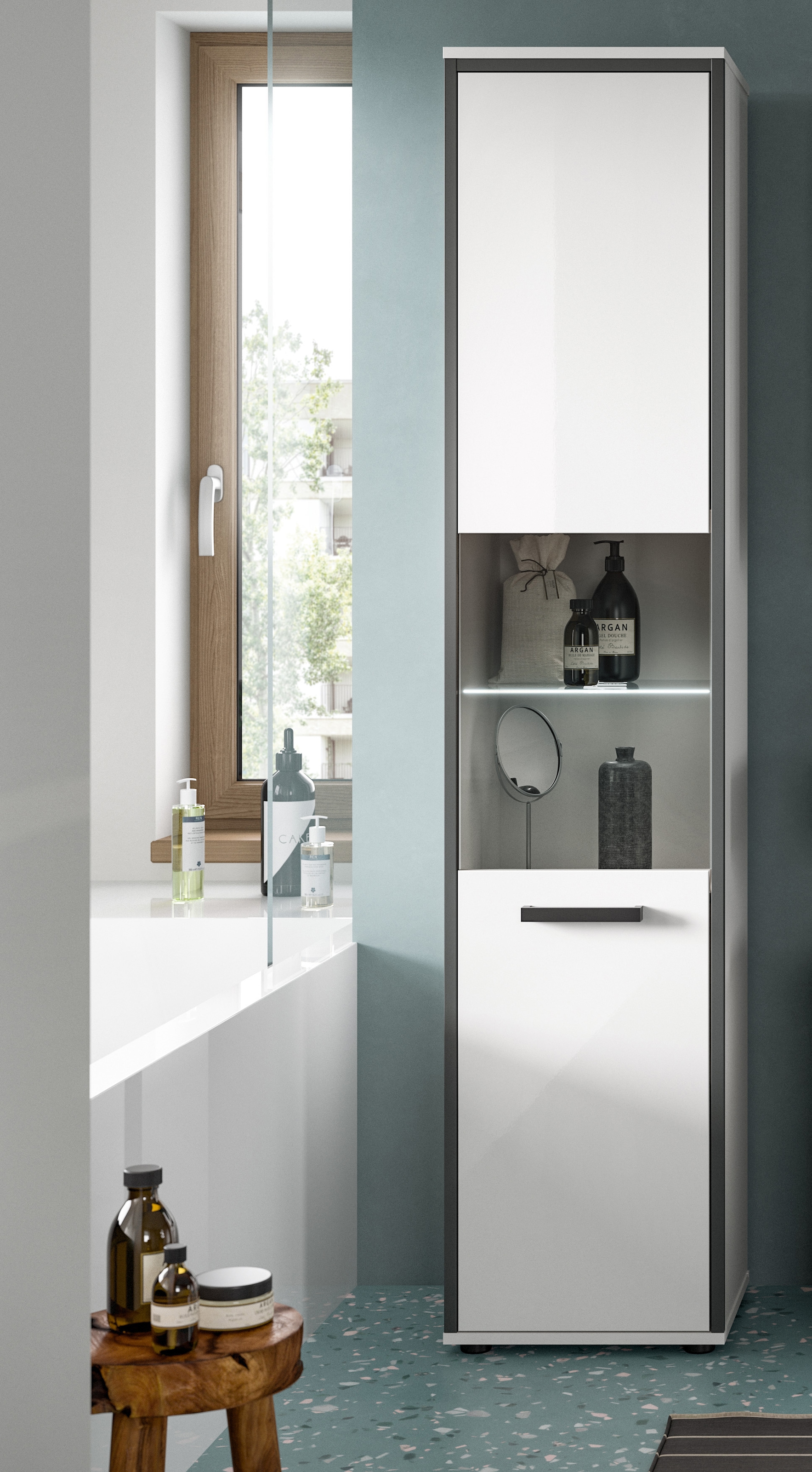 welltime Armoire haute »KAJO, hochglanz Front, inkl. Beleuchtung, Glastür, 6 Fächer« 2 cuis tlg. Badschrank, Hochschrank, Bad, Badezimmer