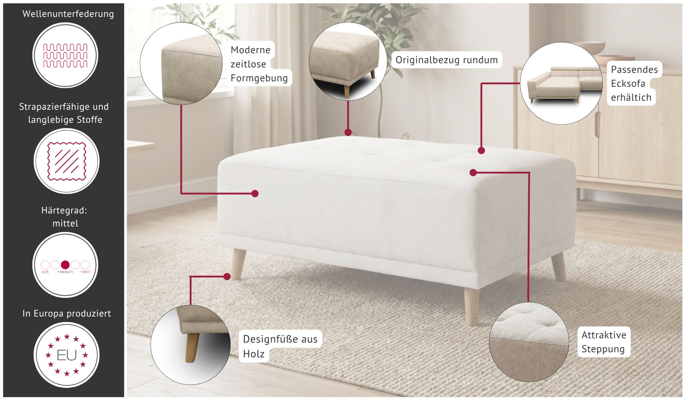 GOODproduct Tabouret »Greve« Pouf rembourré Greve assorti au canapé, largeur 104 cm