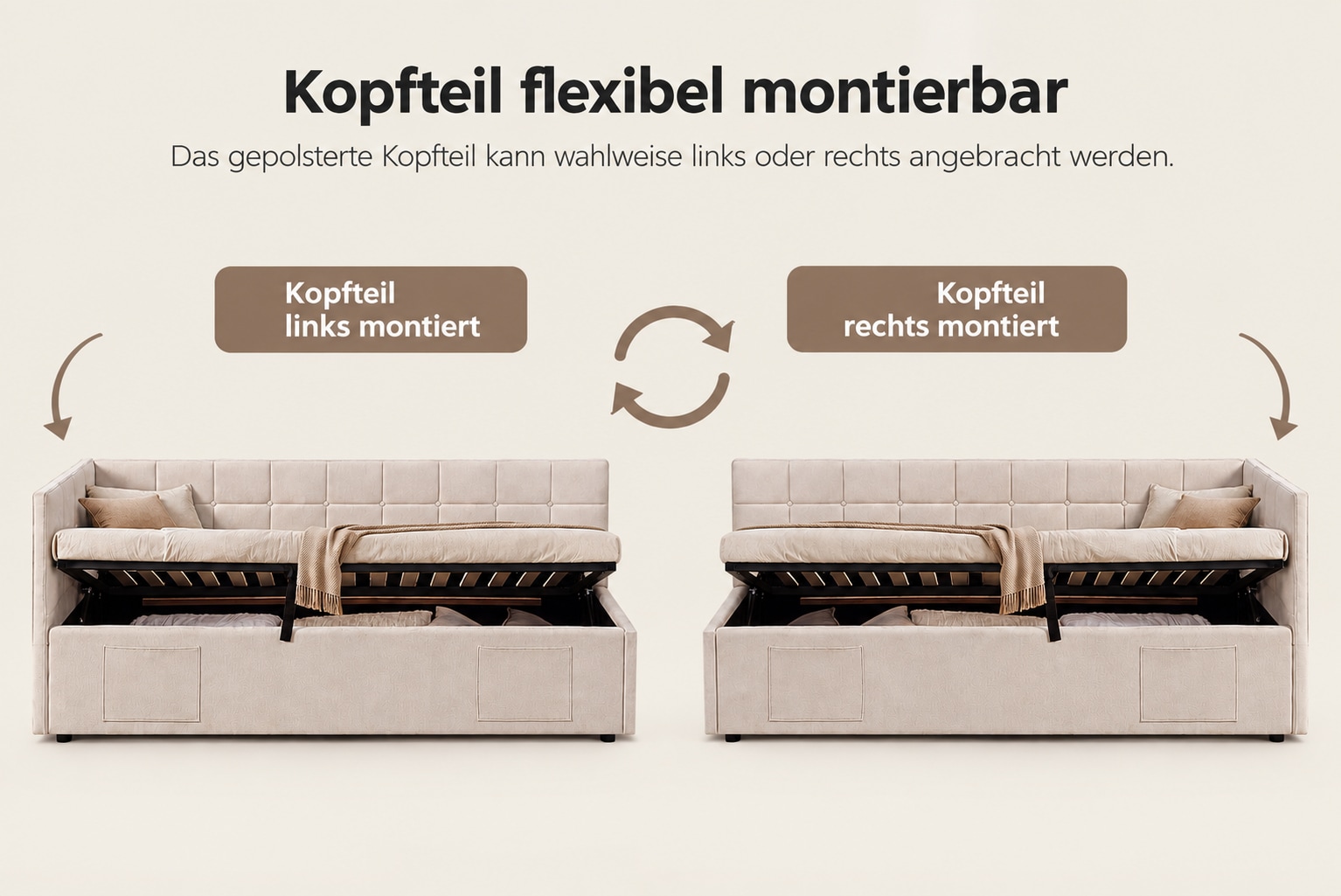 GOODproduct Lit de jour »MALIKA, Schlafsofa mit Stauraum und Lattenrost« Kopfteil links/rechts montierbar, mit 3 Fächern