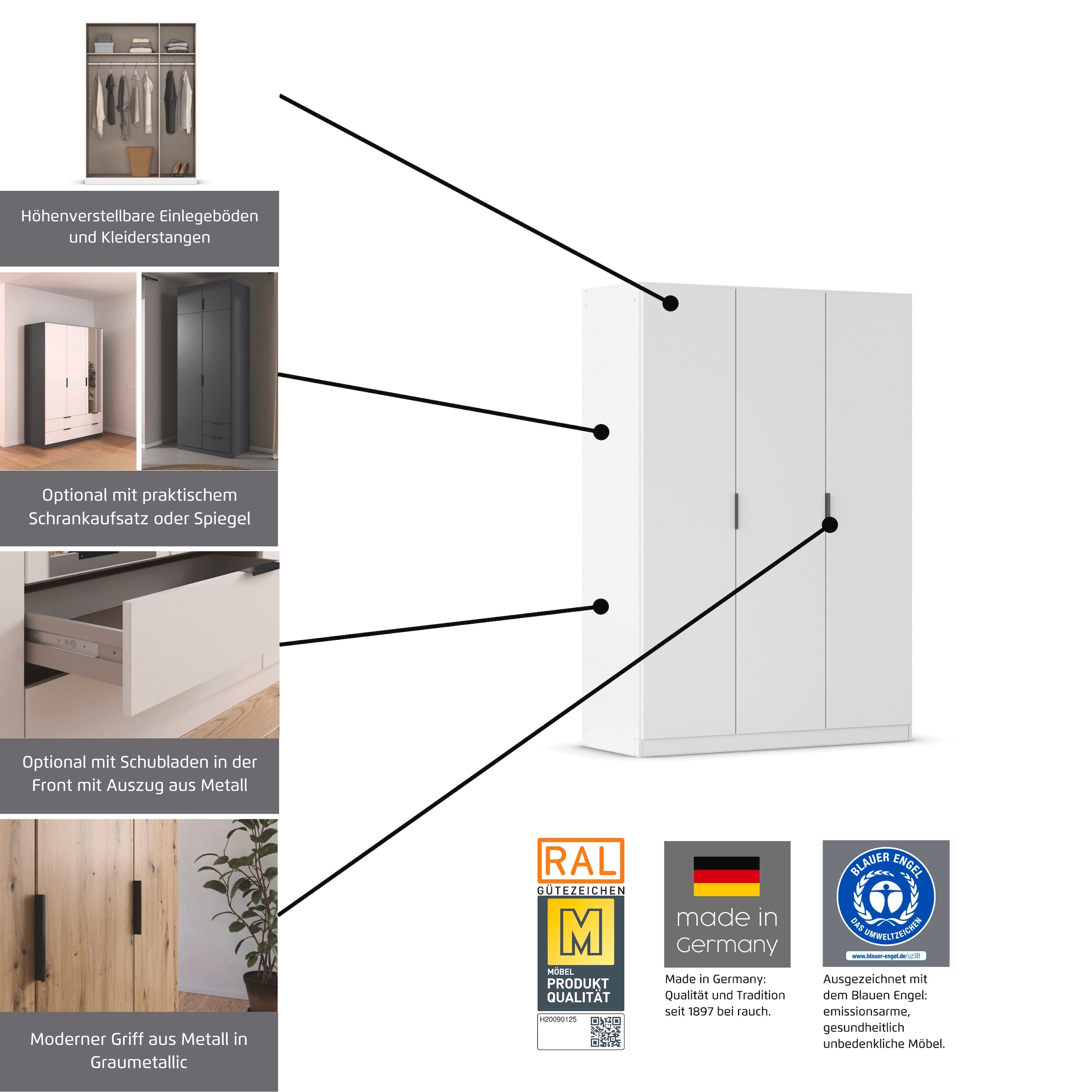 rauch Kleiderschrank »Drehtürenschrank Schrank Garderobe Ankleide Schlafzimmer LAGOA« 3 verschiedene Ausstattungen BASIC/CLASSIC/PREMIUM (inkl. SOFT-CLOSE),  moderne Kantengriffe aus Metall, optional mit Aufsatz MADE IN GERMANY