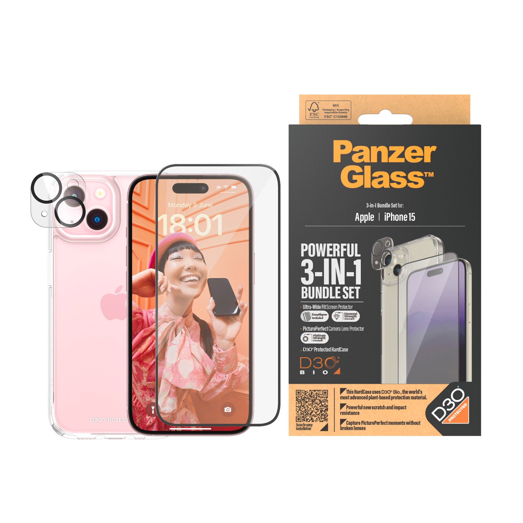 PanzerGlass Verre de protection d'écran »3-in-1-Pack Screen, Camera Protector und Cover« für iPhone 15