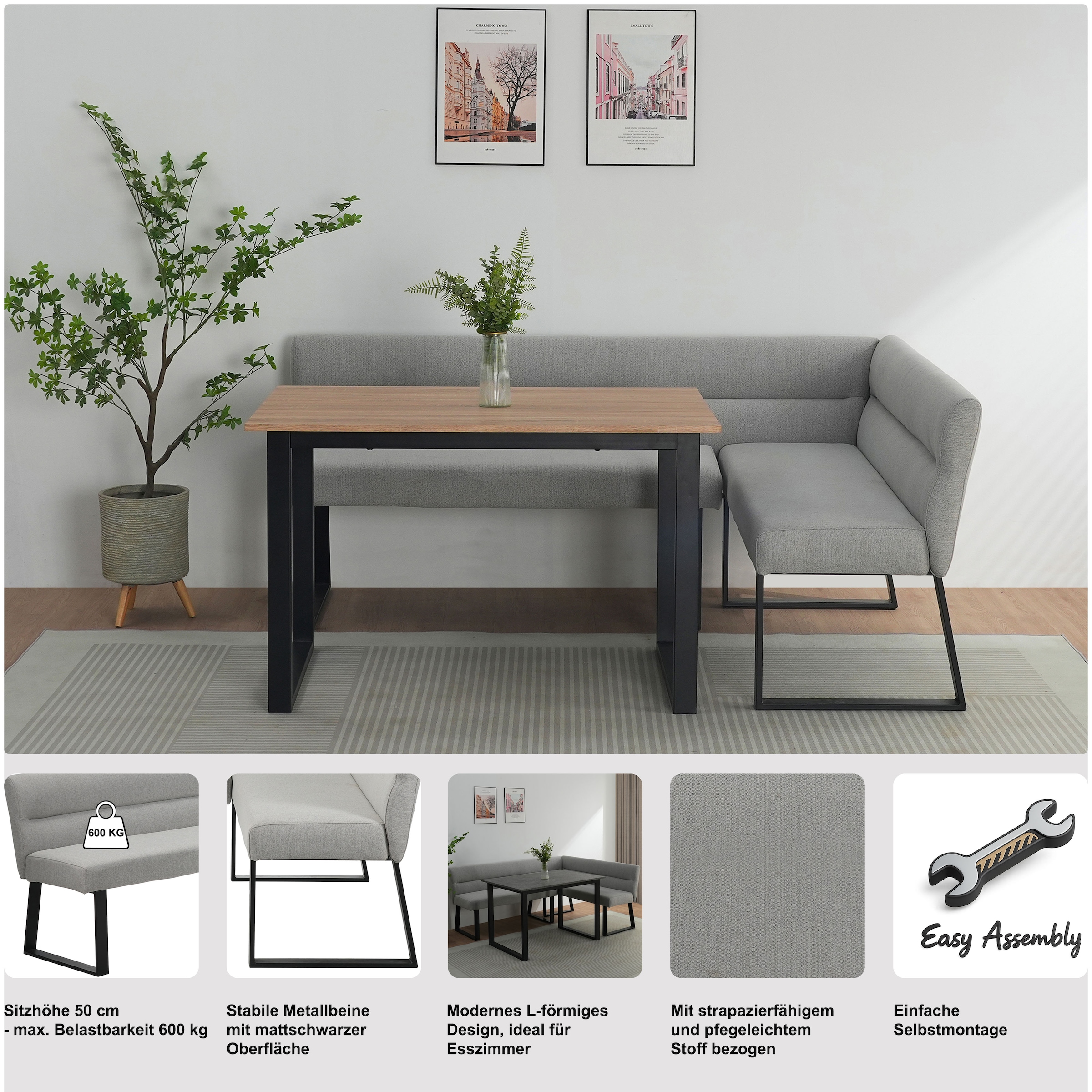 GOODproduct Banc de salle à manger »Ivanna« schwarzes Metallgestell, Webstoff Bezug, Breite 193/152