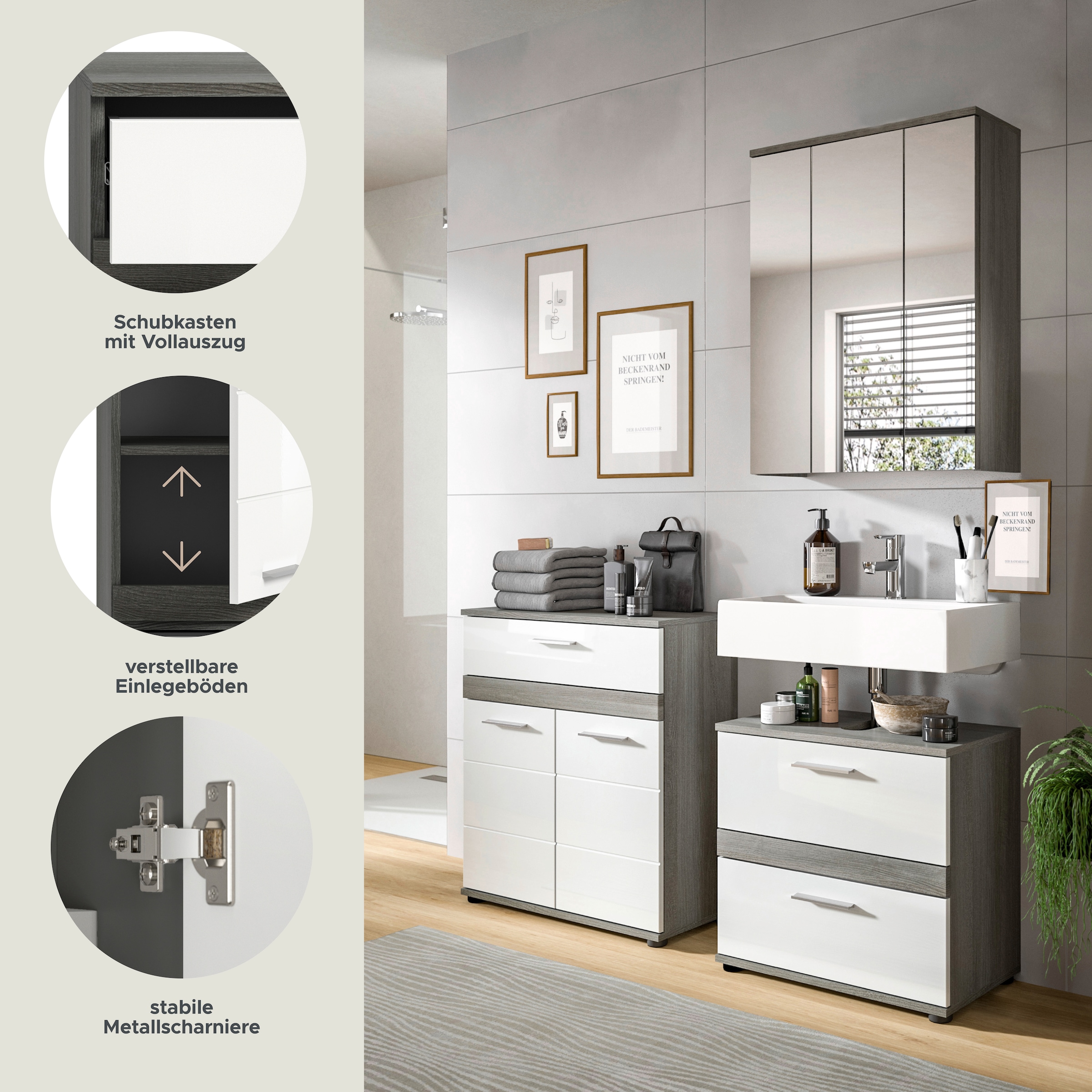 welltime Badmöbel-Set »LUCCA, 3-teilig, TOPSELLER!, hochwertige MDF Front« Set, best. aus: Waschbeckenunterschrank, Spiegelschrank und Midischrank, 3 Stk. tlg.