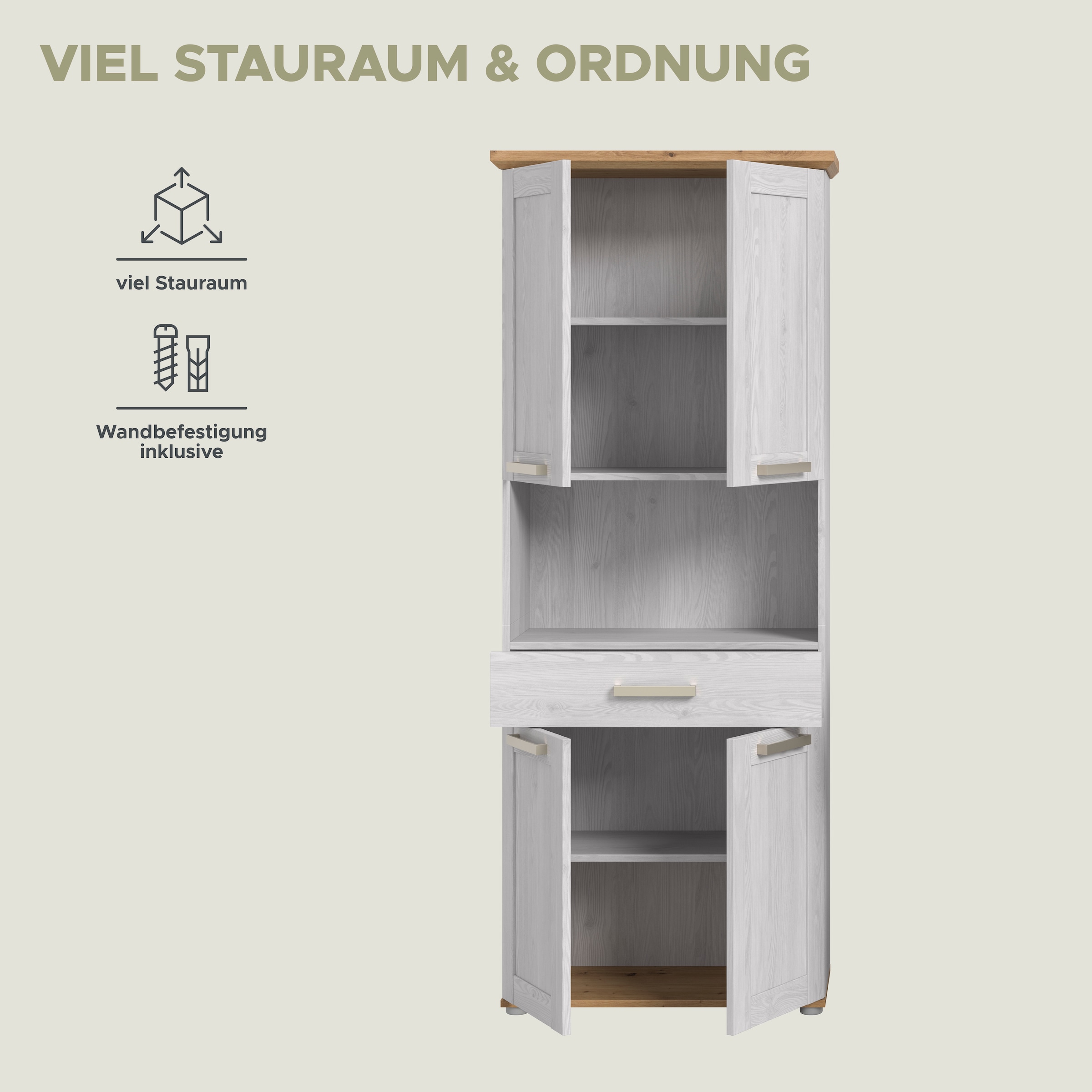 welltime Armoire haute »COSENZA, Höhe 187cm, 4 Türen, 1 Schubkasten, 1 offenes Fach« in Landhausoptik, mit weiteren Artikel der Serie kombinierbar, 1 cuis tlg. Hochschrank, Bad, Badezimmerschrank