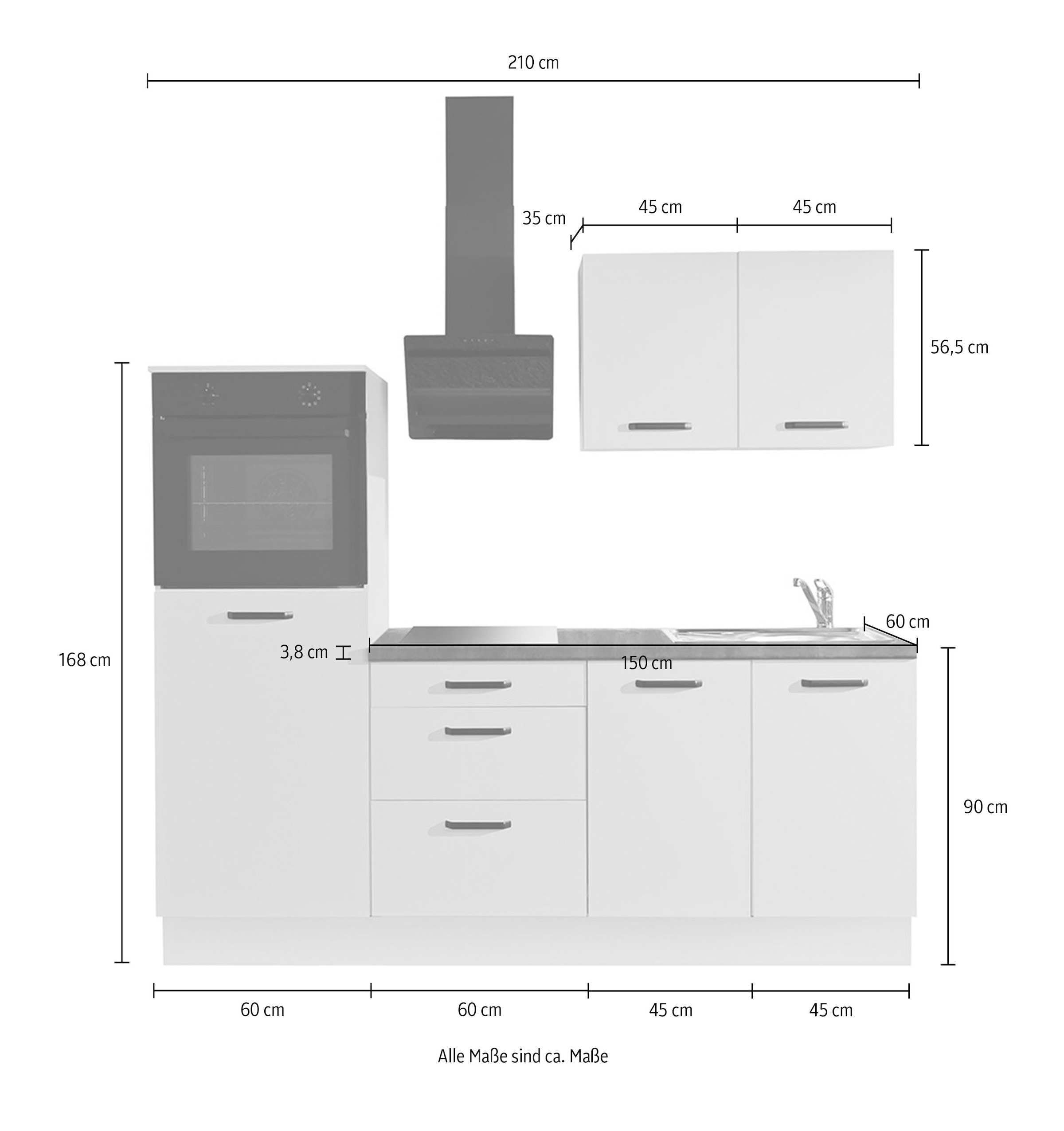 wiho Küchen Küchenzeile »Compact« Breite 210cm, wahlweise mit Geräten (ohne Kühlschrank)