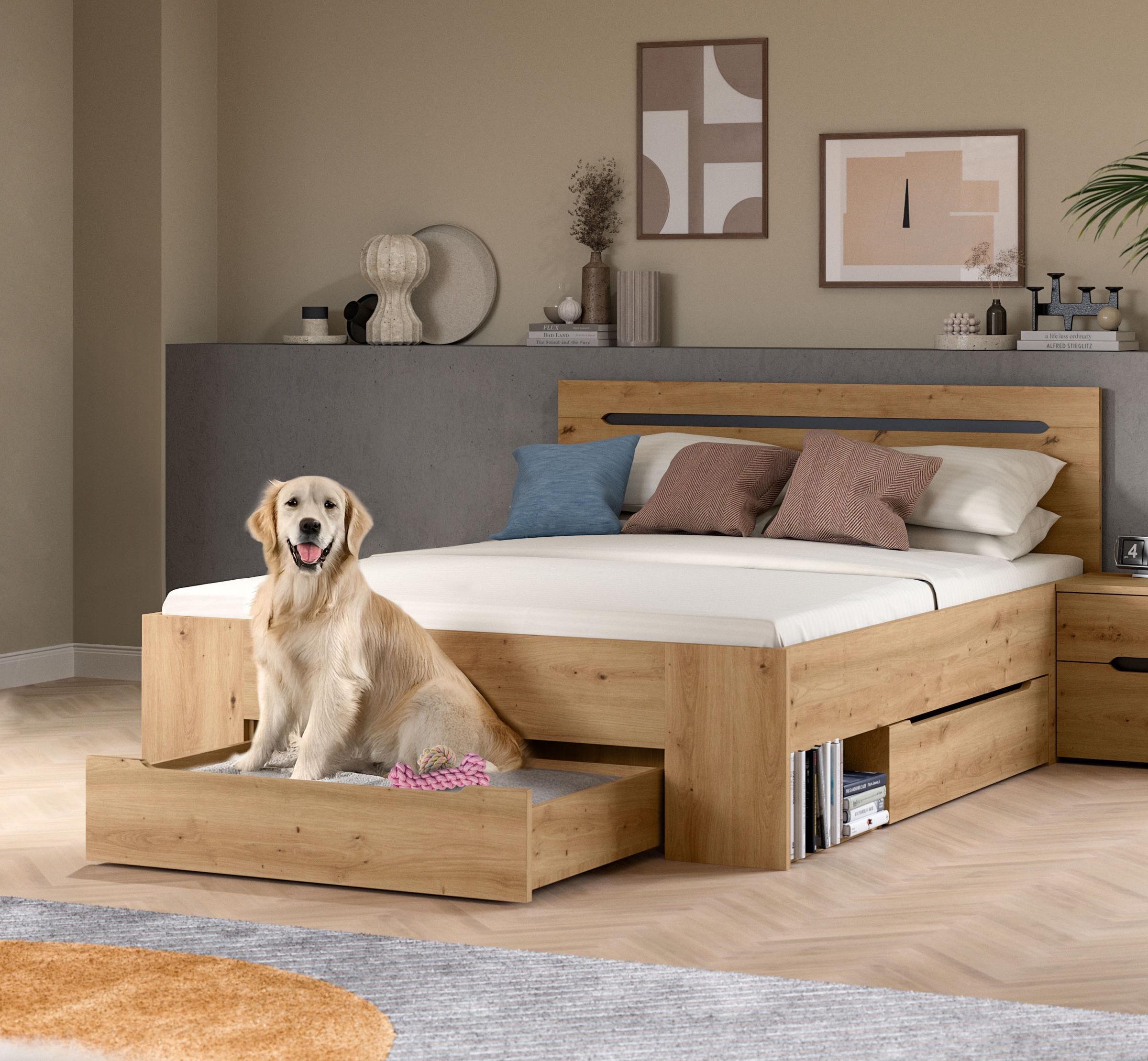 Home affaire Lit de rangement »REHAT, in 144 oder 184 cm Breite, 3 Schubkästen, 2 offene Fächer« TOPSELLER!, für Matratzen 140x200 cm, viel Stauraum, ohne Lattenrost, 1 cuis tlg. Bett, Kastenbett, Bettgestell, Schlafzimmer, Schlafen