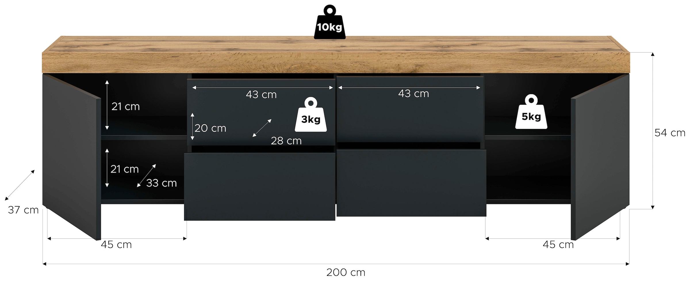 GOODproduct Table basse »MAMBO, Breite 200cm, 2 Türen, 4 Schubkästen, push-2-open« 2 farbige Ausführung, in verschiedenen Farben erhältlich, 1 cuis tlg. Lowboard, TV Unterschrank, Tv-Schrank, Wohnzimmer