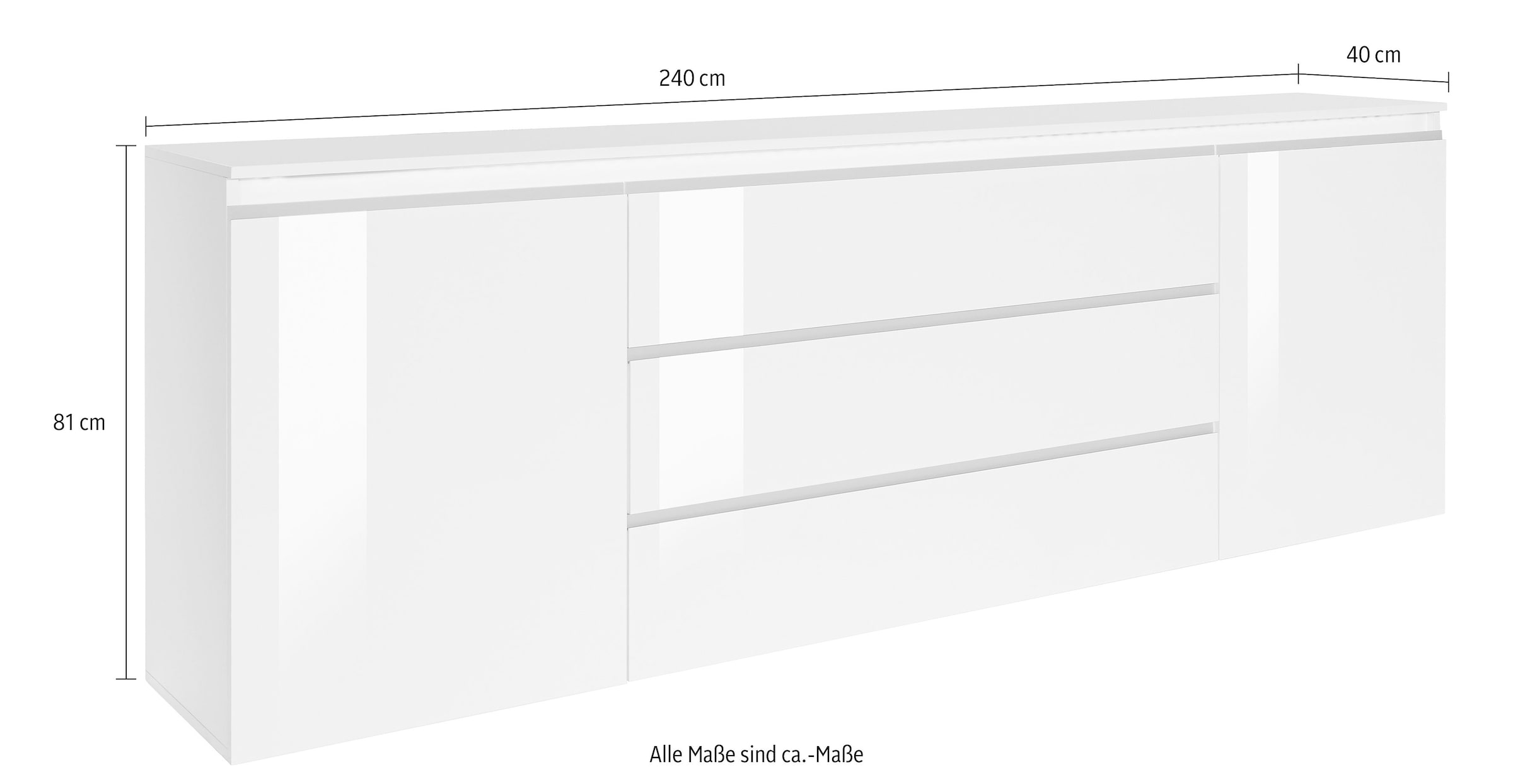INOSIGN Sideboard »Magic, Kommode, Schrank, Stauraumschrank« mit 2 Türen und 3 Schubkästen Hochglanz lackiert (B/T/H) 240x40x80 cm