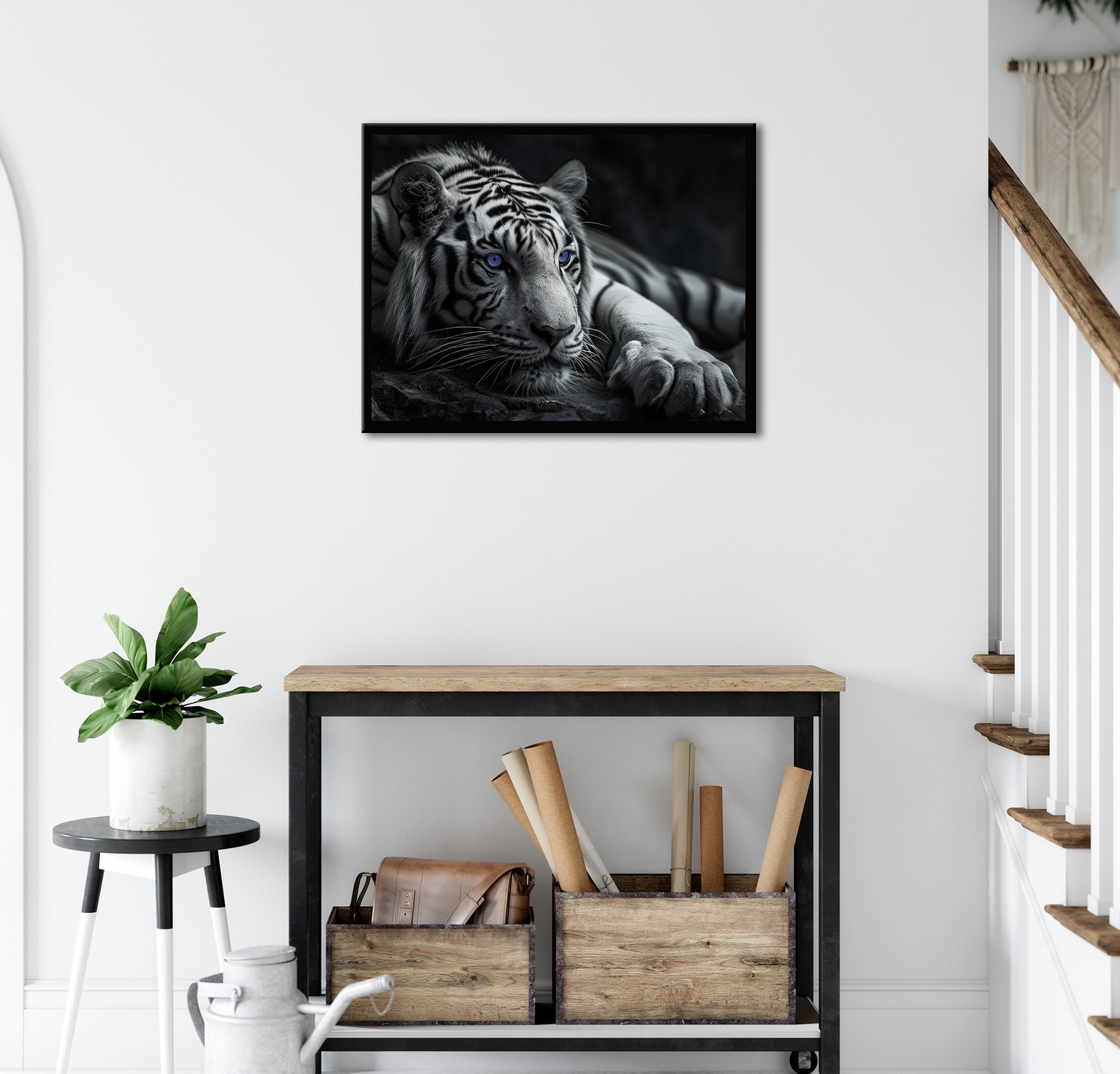 Bönninghoff Tableau avec cadre »Wandbild gerahmt TIGER MIT BLAUEN AUGEN 40x50 cm – Tierbild Natur« Animaux sauvages | Félins | Tigre avec cadre décoratif