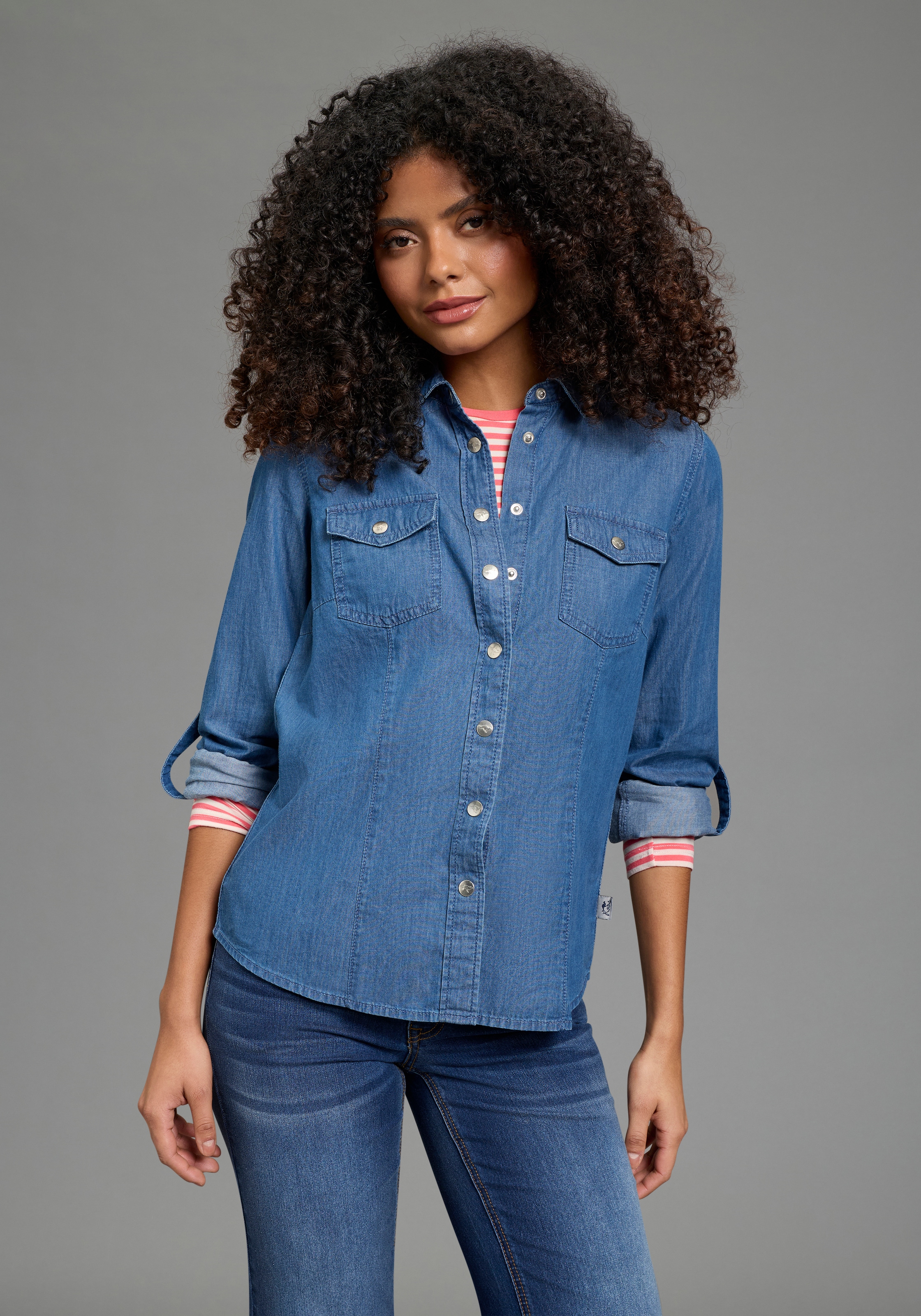 KangaROOS Jeansbluse für den Alltag, Langarm, mit klassischem Blusenkragen