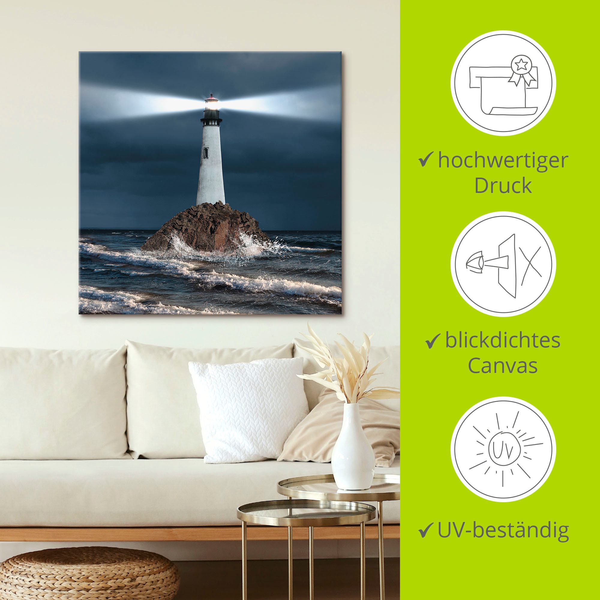 Artland »Bild von Leuchtturm mit Lichtstrahl« Gebäude 1 Stk. tlg. auf Holzrahmen gespannt